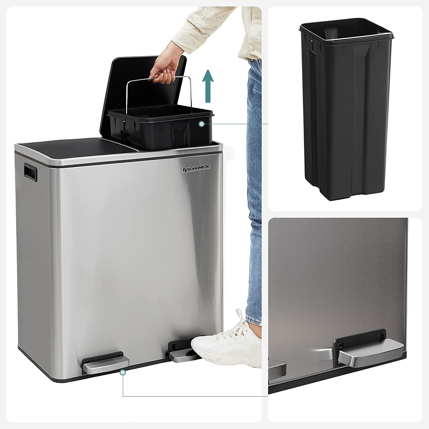 Selektivni sakupljač otpada, s 2 plastične unutarnje posude, 2 x 30 L | SONGMICS-vitahome.hr