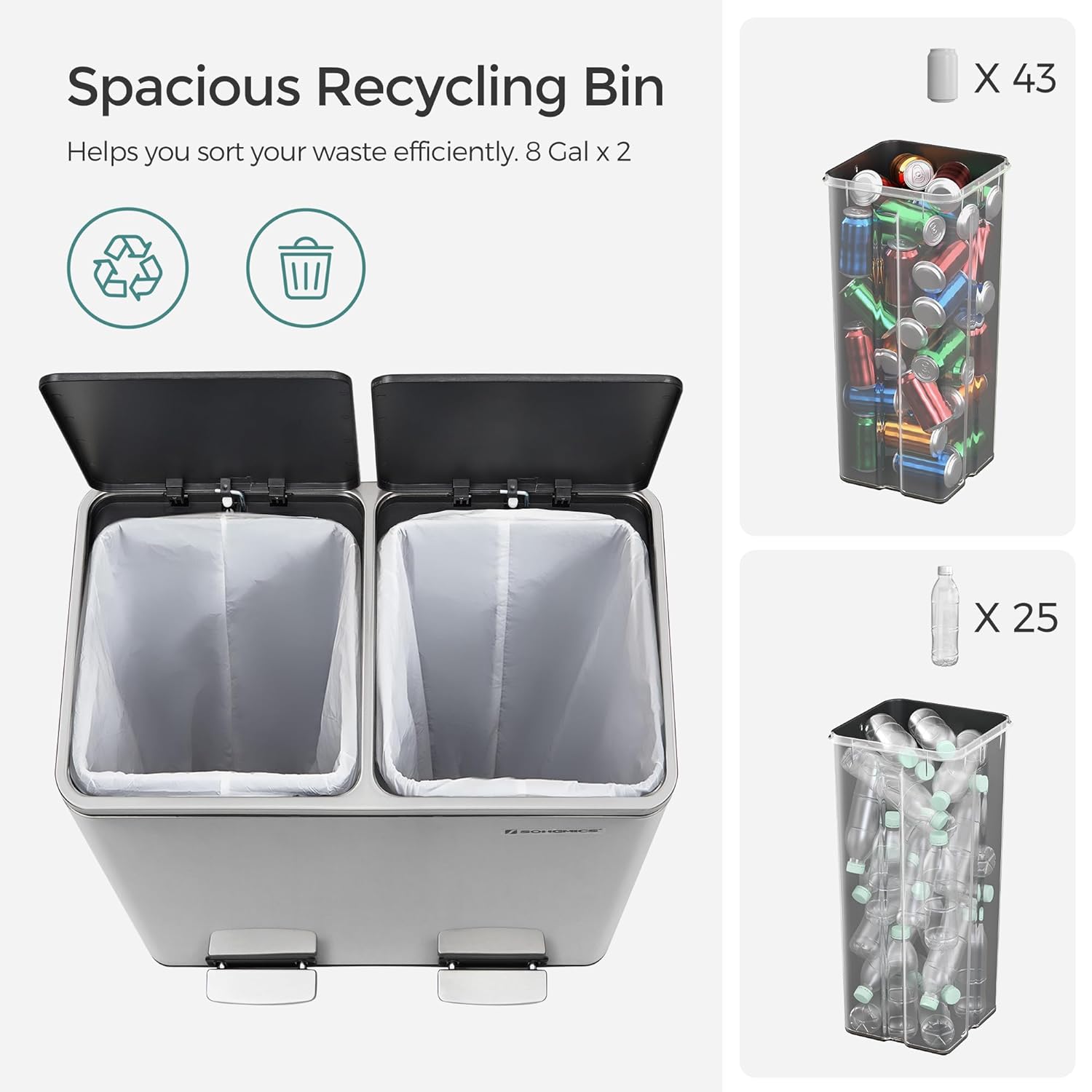 Selektivni sakupljač otpada, s 2 plastične unutarnje posude, 2 x 30 L | SONGMICS-vitahome.hr