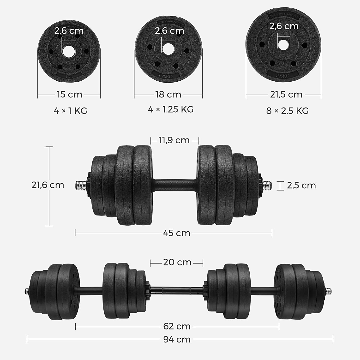 Set bučica, dodatna bučica sa šipkom, 30 kg, crna | SONGMICS-vitahome.hr