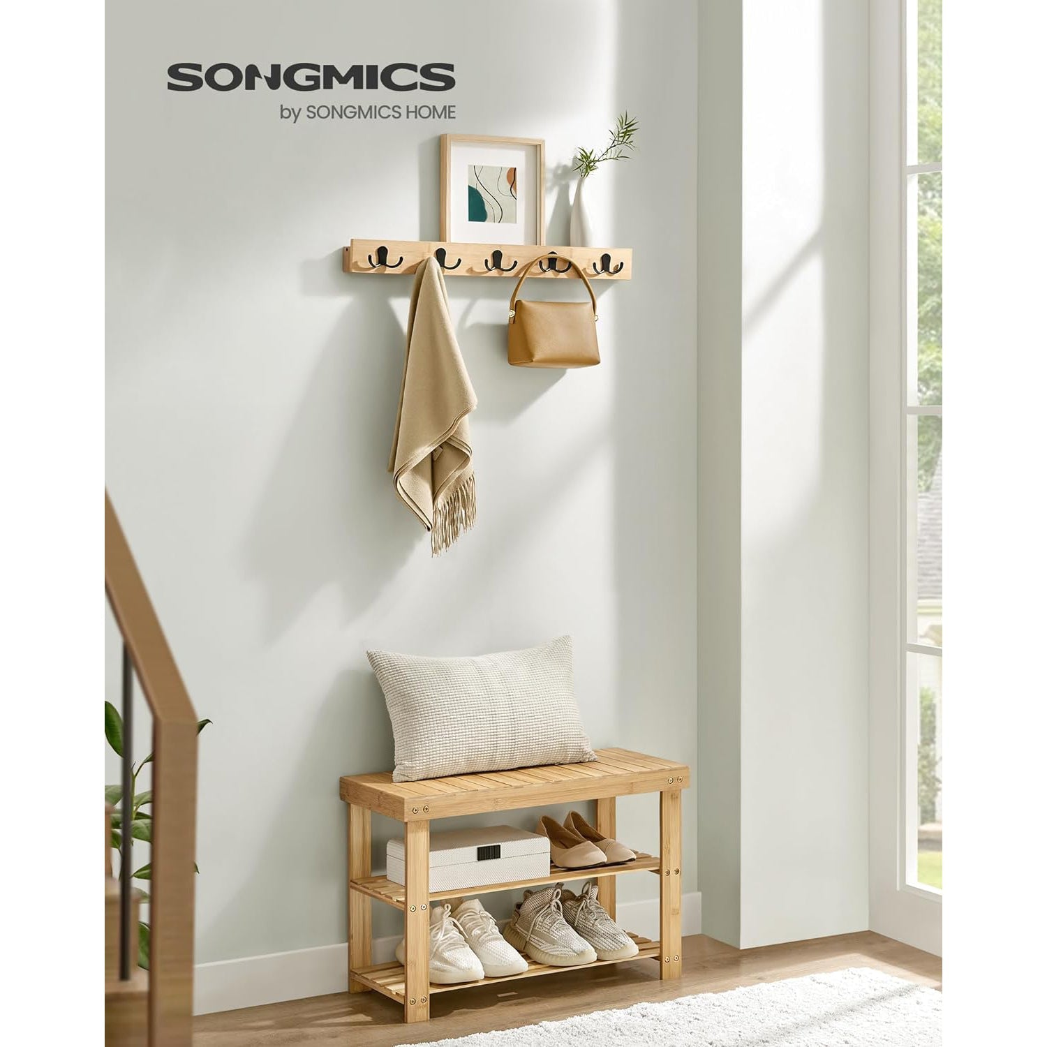 Set klupa sa policama za cipele i vješalica za kapute, prirodna boja bambusa | SONGMICS-vitahome.hr