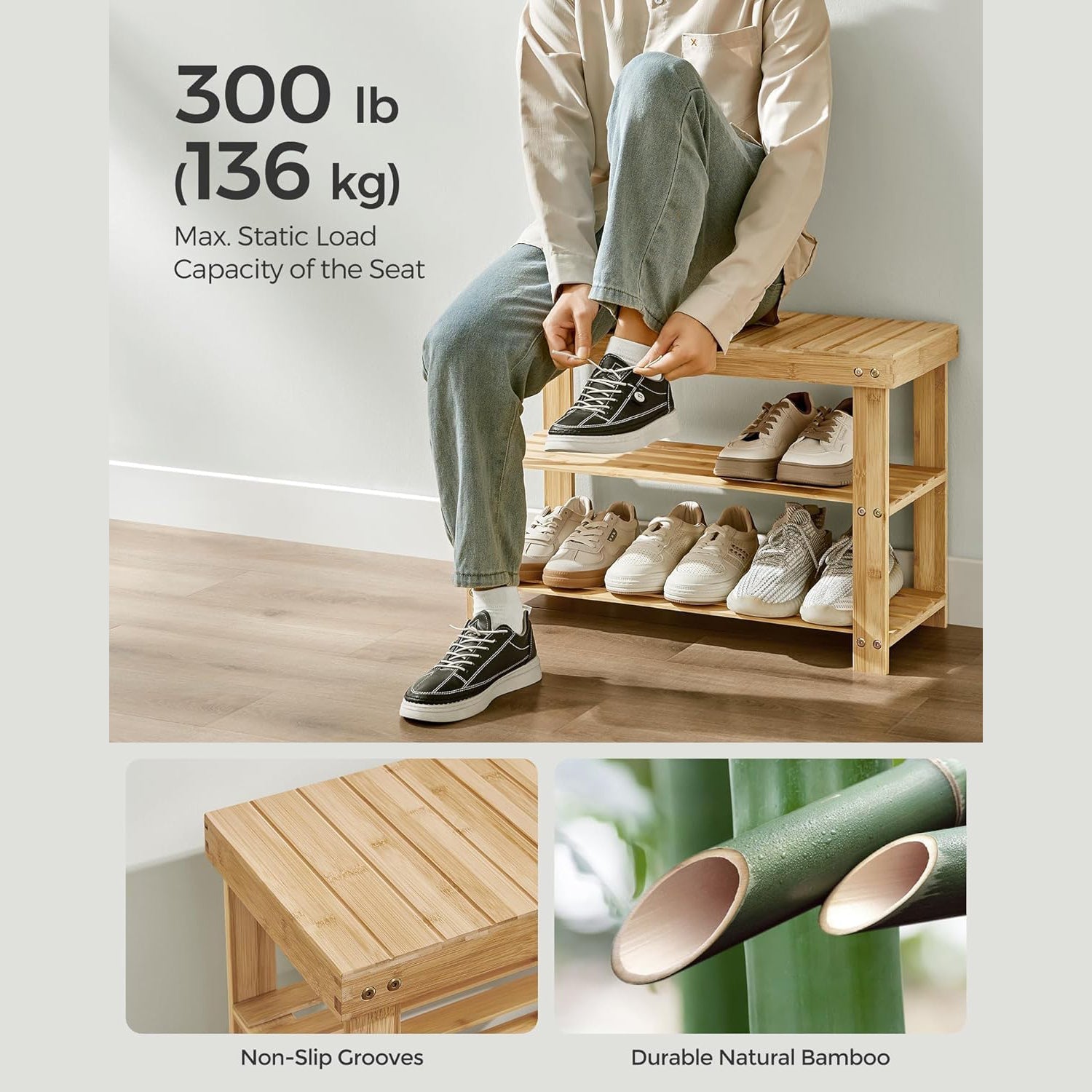 Set klupa sa policama za cipele i vješalica za kapute, prirodna boja bambusa | SONGMICS-vitahome.hr