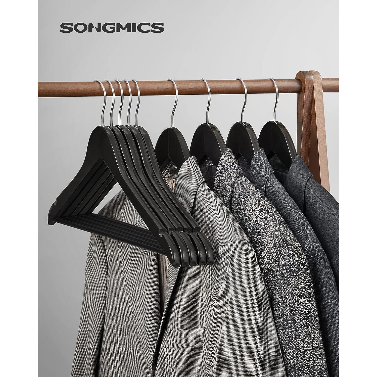 Set od 10 drvenih vješalica s urezima na ramenima, srebrno-crne | SONGMICS-vitahome.hr