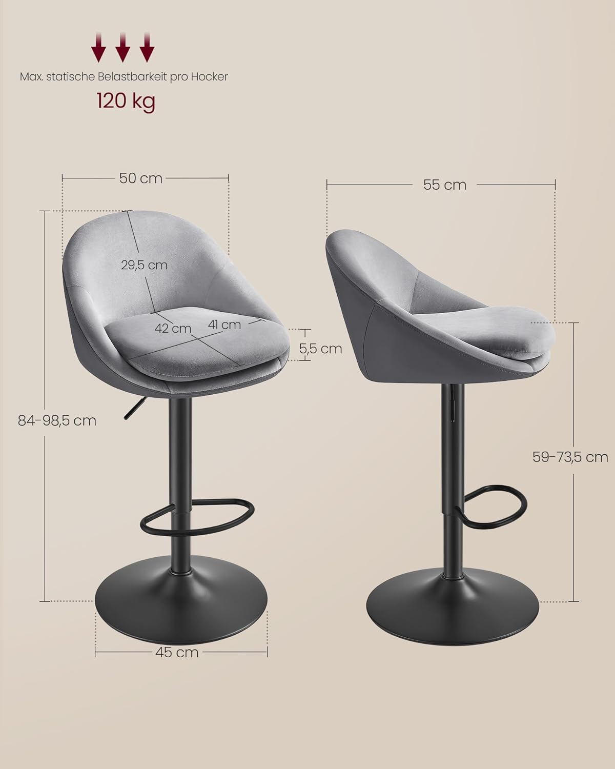 Set od 2 barska stolca podesive visine s naslonom, sive | VASAGLE-vitahome.hr