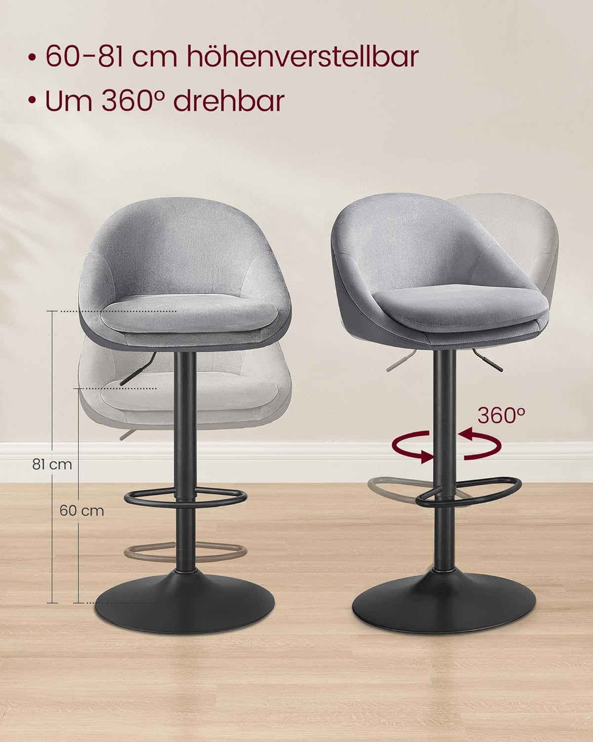 Set od 2 barska stolca podesive visine s naslonom, sive | VASAGLE-vitahome.hr