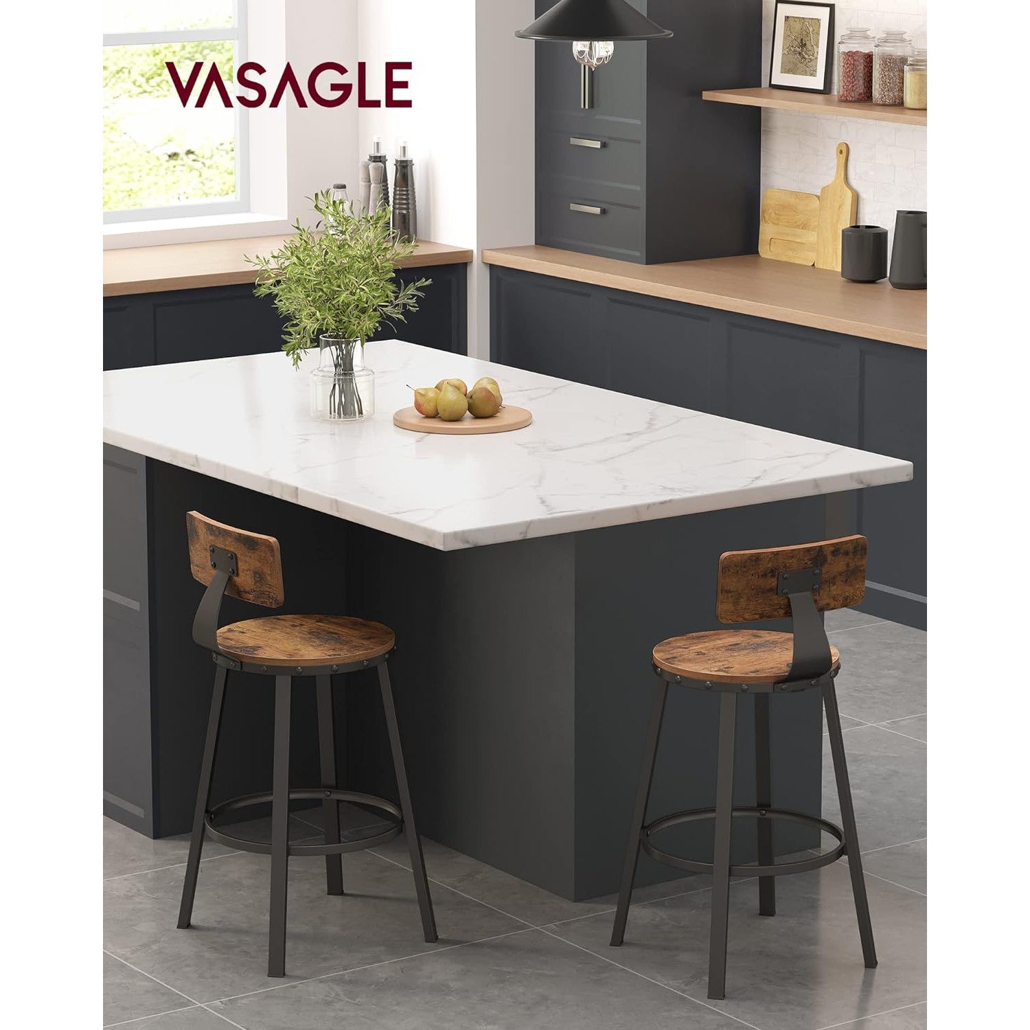 Set od 2 barske stolica s metalnim okvirom i naslonom, rustikalno smeđe i crne | VASAGLE-vitahome.hr