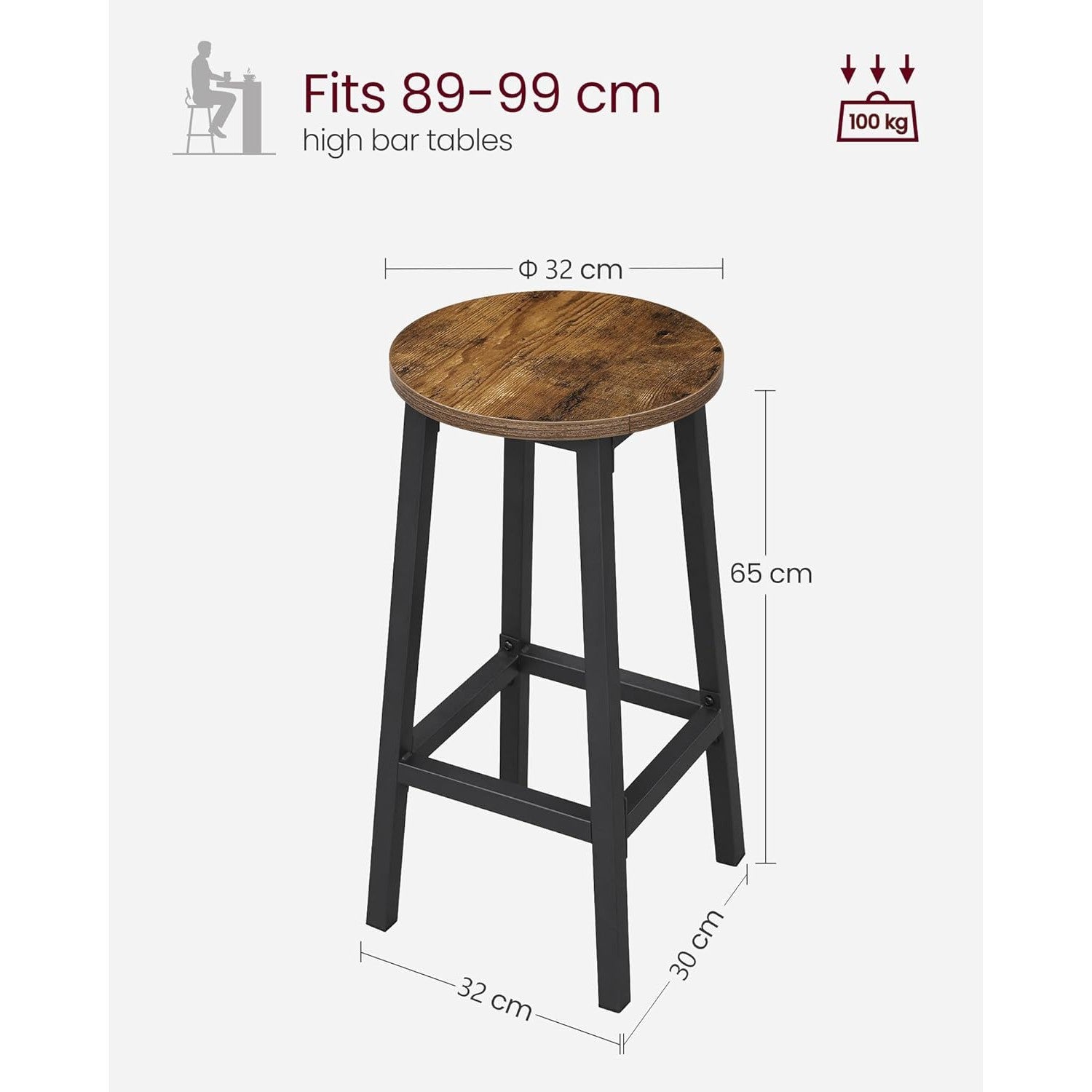 Set od 2 barske stolice, 65 cm visine, rustikalno smeđa i crna | VASAGLE-vitahome.hr