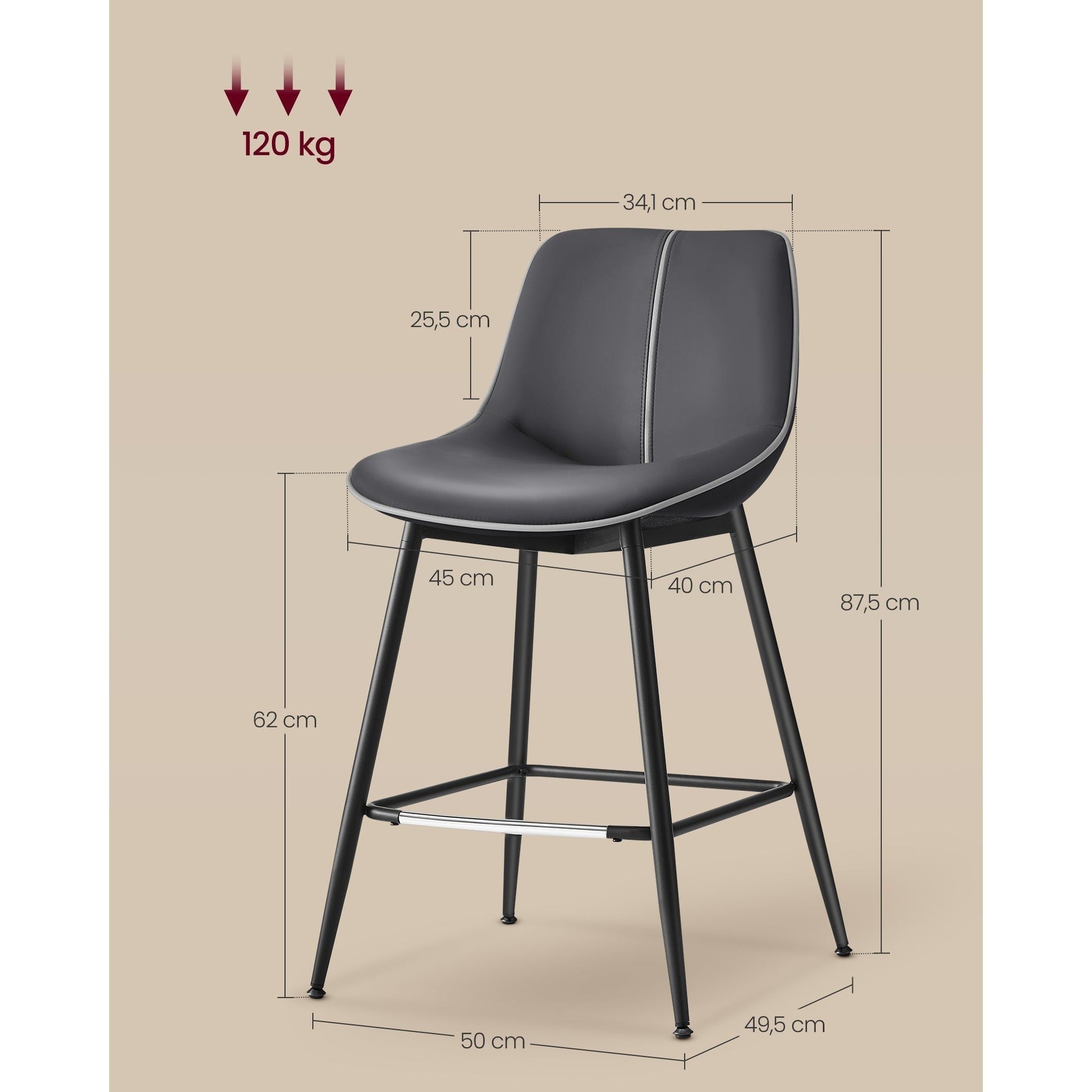 Set od 2 barske stolice s ergonomskim naslonom , visina sjedala 62 cm, crna | VASAGLE-vitahome.hr