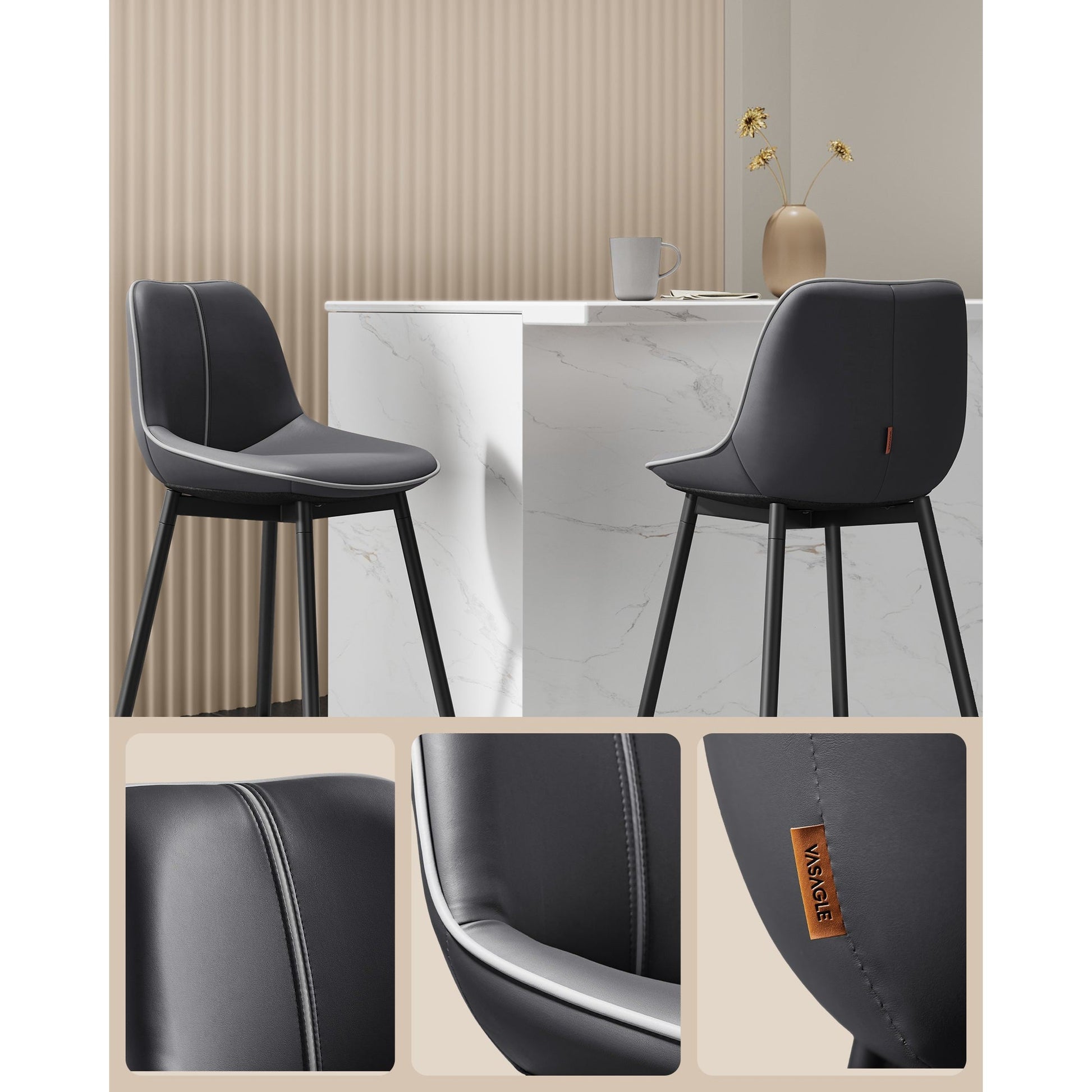 Set od 2 barske stolice s ergonomskim naslonom , visina sjedala 62 cm, crna | VASAGLE-vitahome.hr