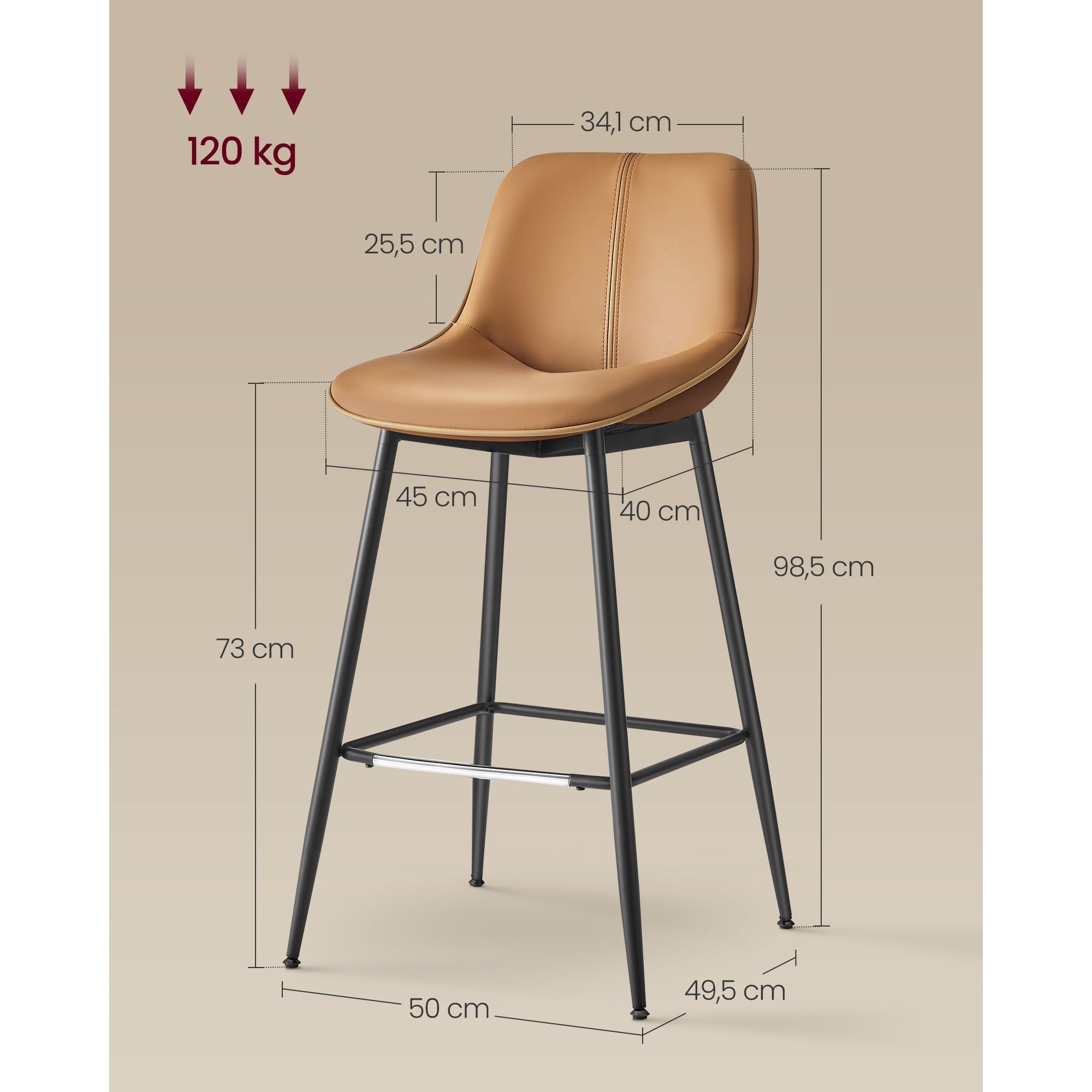 Set od 2 barske stolice s ergonomskim naslonom , visina sjedala 73 cm, smeđe | VASAGLE-vitahome.hr