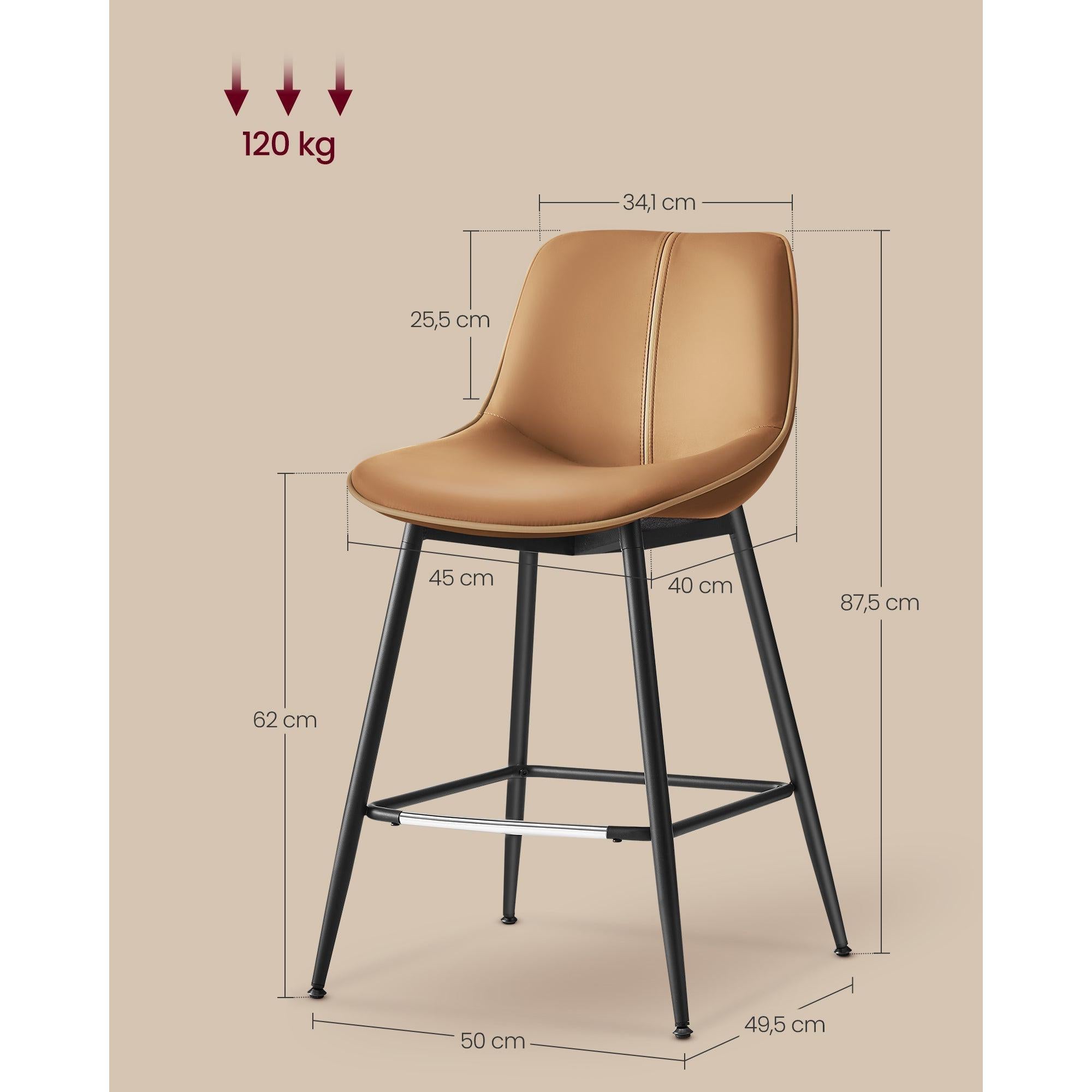 Set od 2 barske stolice s ergonomskim naslonom za leđa, visne 62 cm, smeđe | VASAGLE-vitahome.hr
