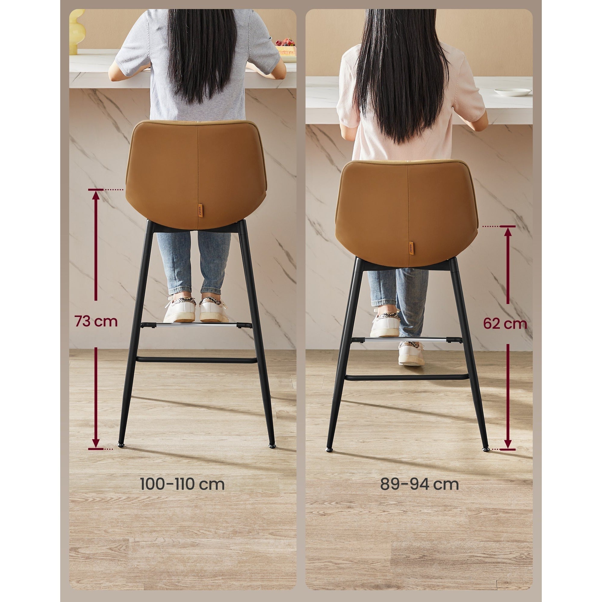 Set od 2 barske stolice s ergonomskim naslonom za leđa, visne 62 cm, smeđe | VASAGLE-vitahome.hr
