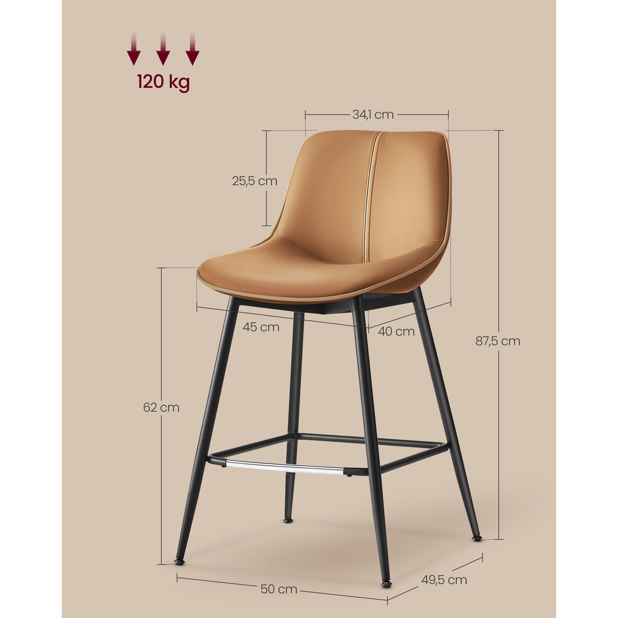 Set od 2 barske stolice s ergonomskim naslonom za leđa, visne 62 cm, smeđe | VASAGLE-vitahome.hr