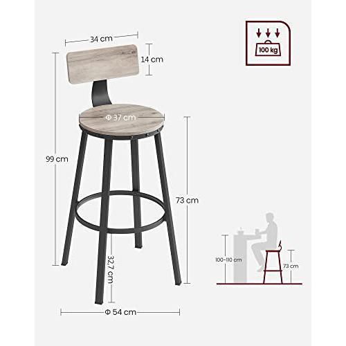 Set od 2 barske stolice s naslonima, visine 73 cm, smeđe i crne boje | VASAGLE-vitahome.hr