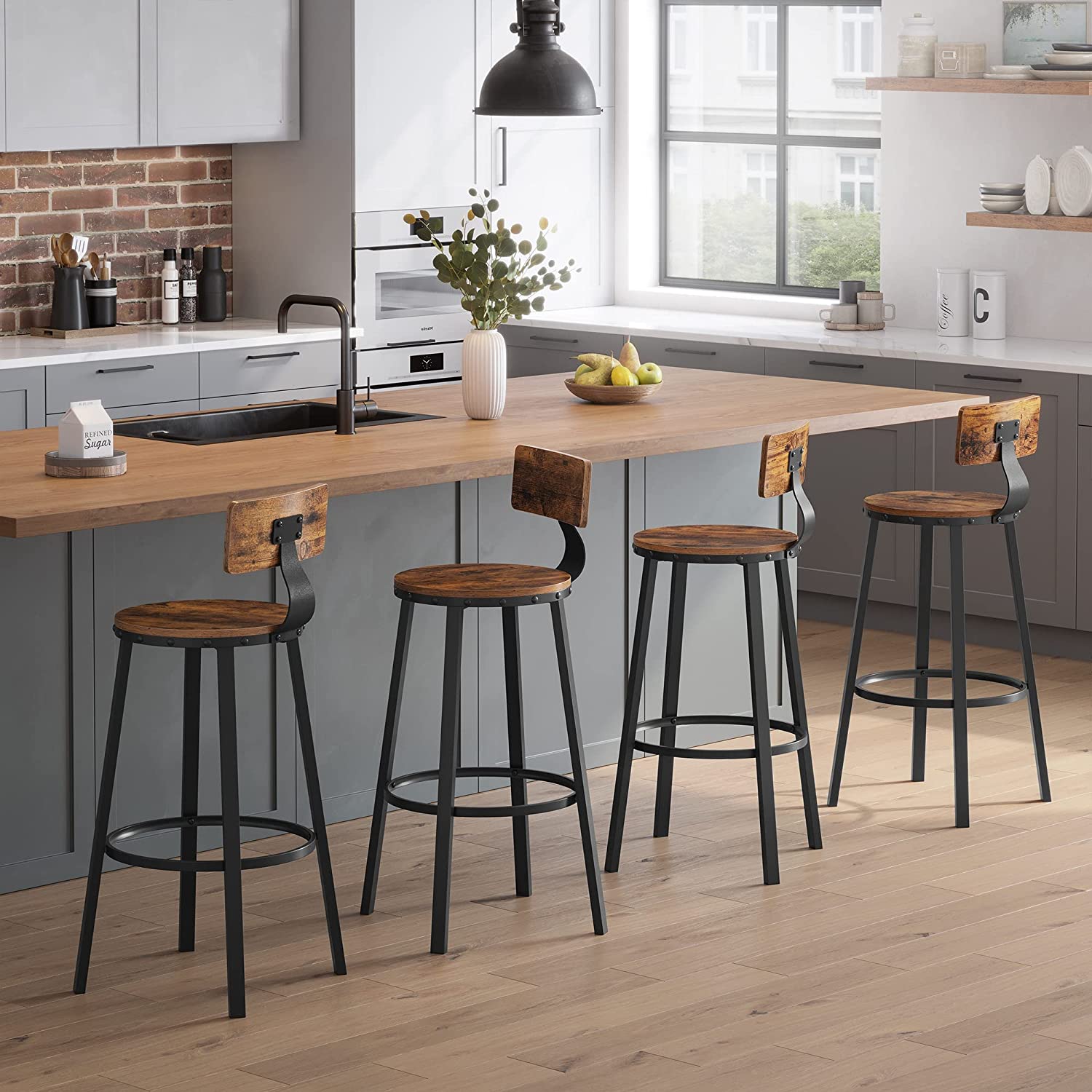 Set od 2 barske stolice s naslonom, 73,2 cm, rustikalno smeđe i crne boje | VASAGLE-vitahome.hr