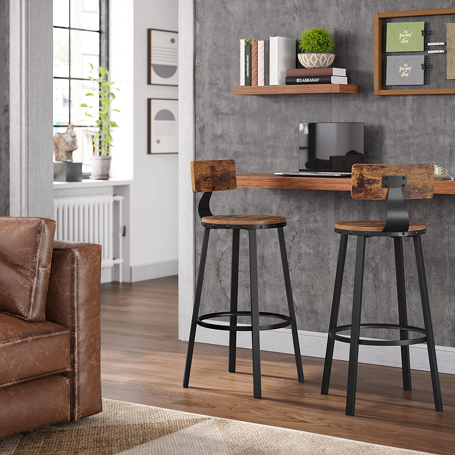 Set od 2 barske stolice s naslonom, 73,2 cm, rustikalno smeđe i crne boje | VASAGLE-vitahome.hr