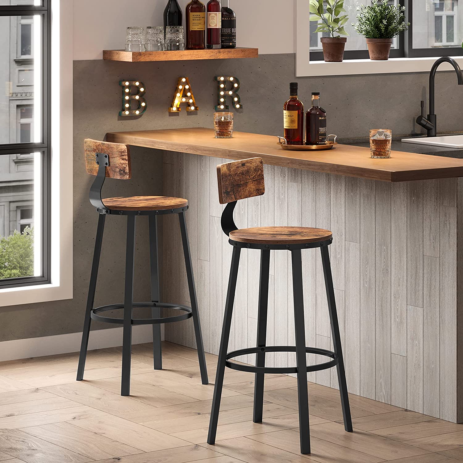 Set od 2 barske stolice s naslonom, 73,2 cm, rustikalno smeđe i crne boje | VASAGLE-vitahome.hr