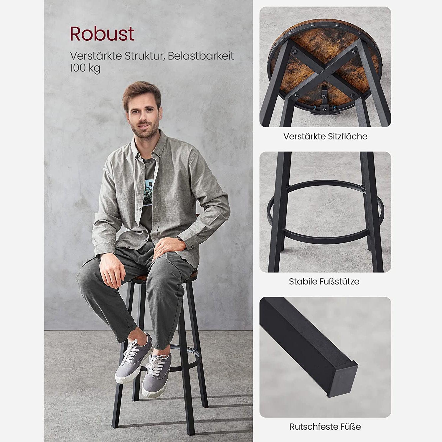 Set od 2 barske stolice s naslonom, 73,2 cm, rustikalno smeđe i crne boje | VASAGLE-vitahome.hr