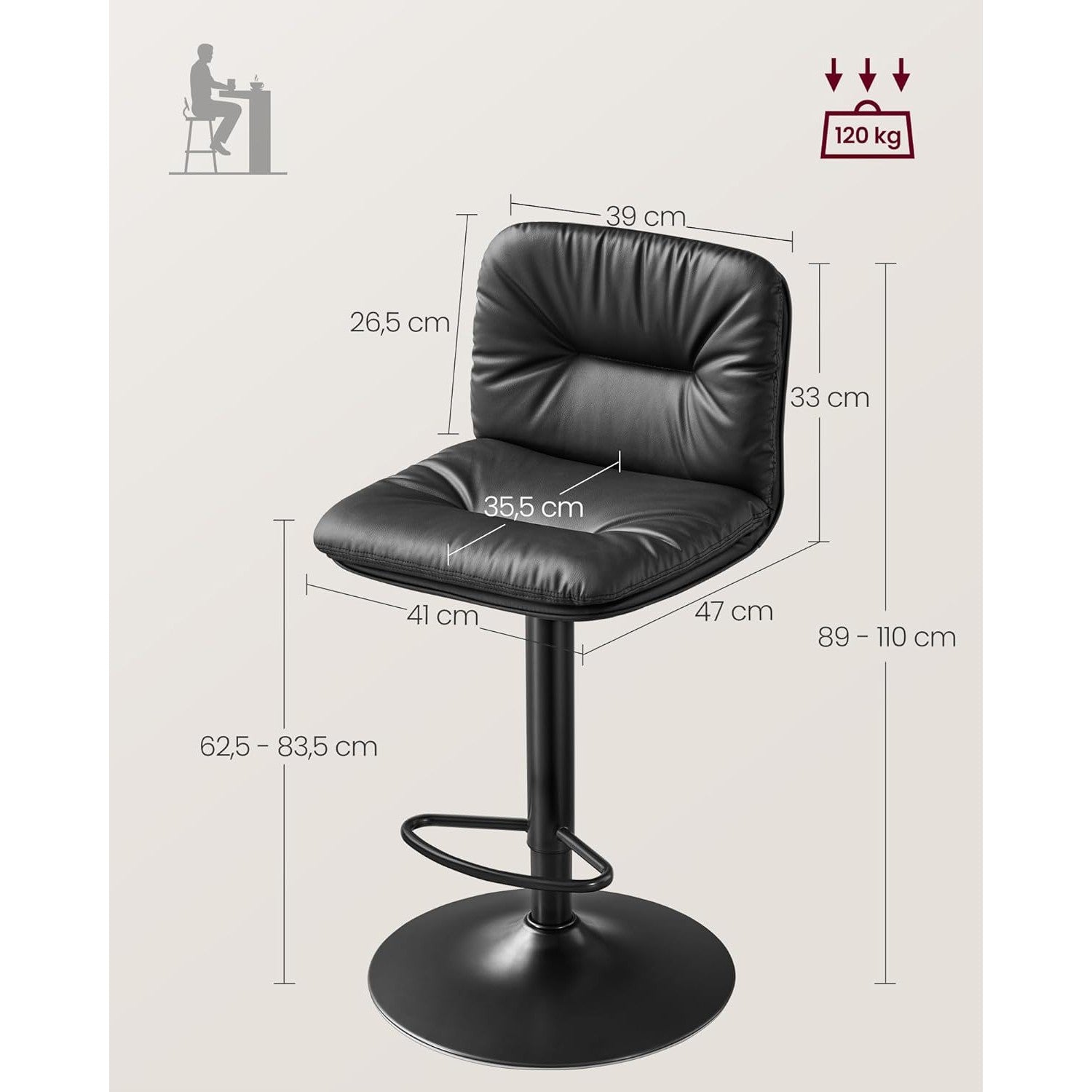 Set od 2 barske stolice s naslonom, podesive visine, 47 x 41 x (89–110) cm, crne | VASAGLE-vitahome.hr