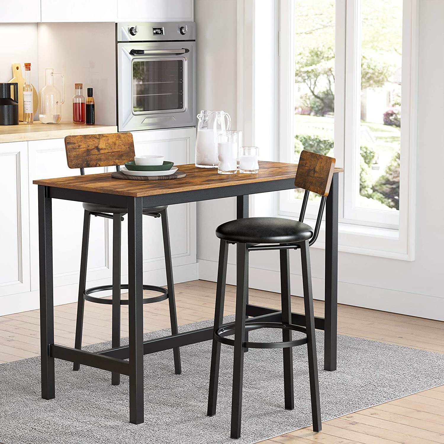 Set od 2 barske stolice s naslonom za noge, 39 x 100 x 39 cm, smeđa i crna | VASAGLE-vitahome.hr