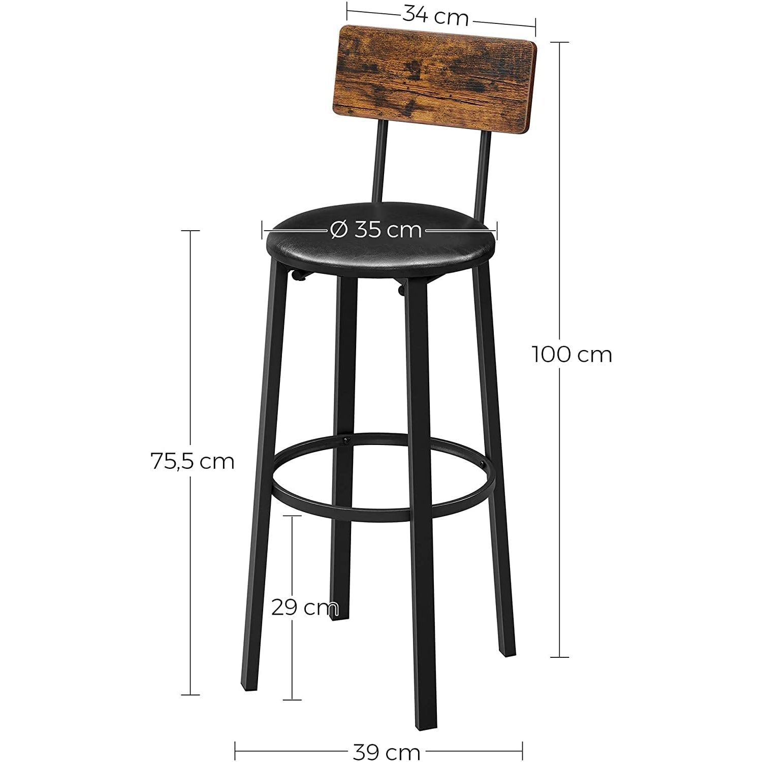 Set od 2 barske stolice s naslonom za noge, 39 x 100 x 39 cm, smeđa i crna | VASAGLE-vitahome.hr