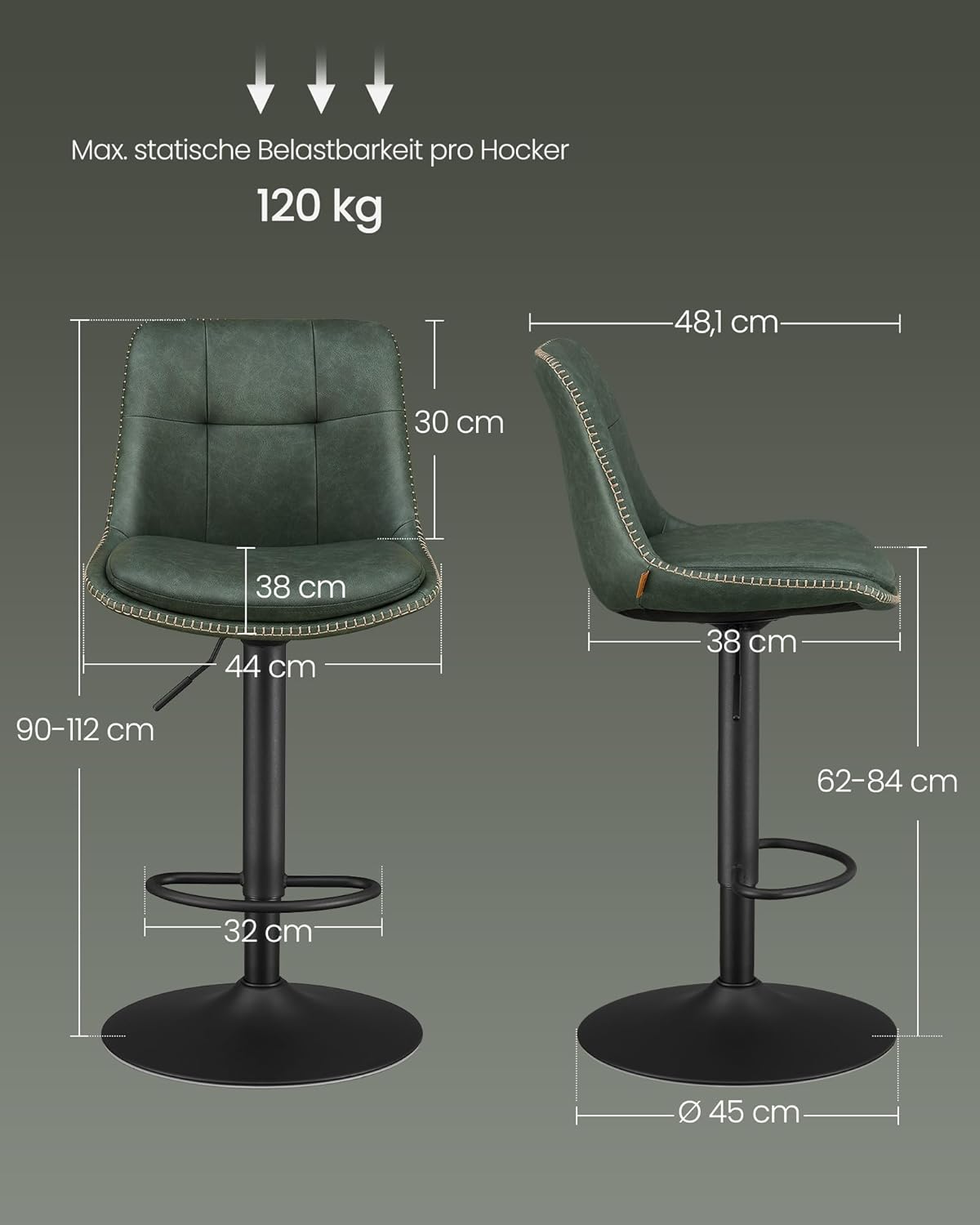 Set od 2 barske stolice sa naslonom, 44 x 48 x (90-112) cm, šumsko zelena | VASAGLE-VASAGLE-Vita Home