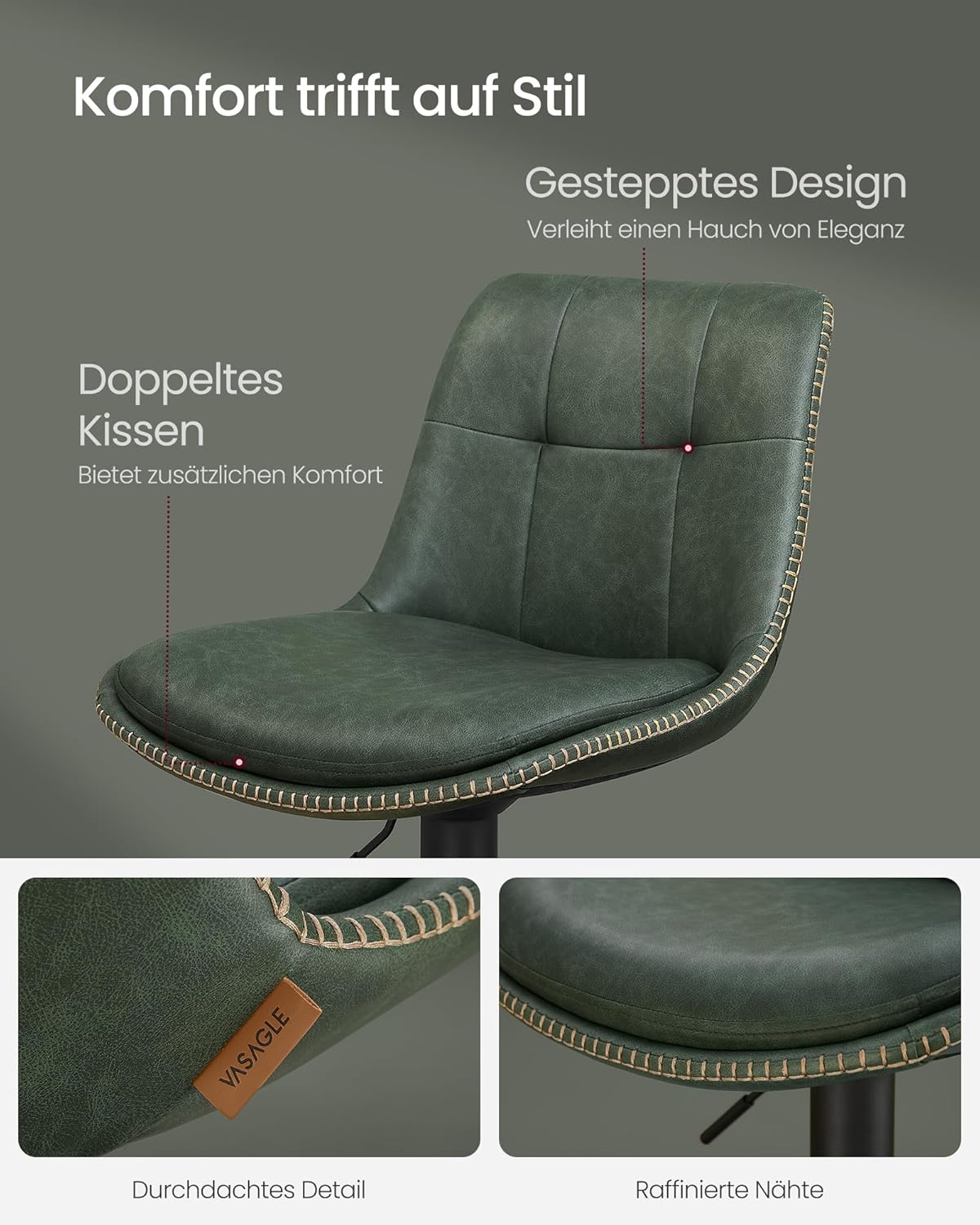 Set od 2 barske stolice sa naslonom, 44 x 48 x (90-112) cm, šumsko zelena | VASAGLE-VASAGLE-Vita Home