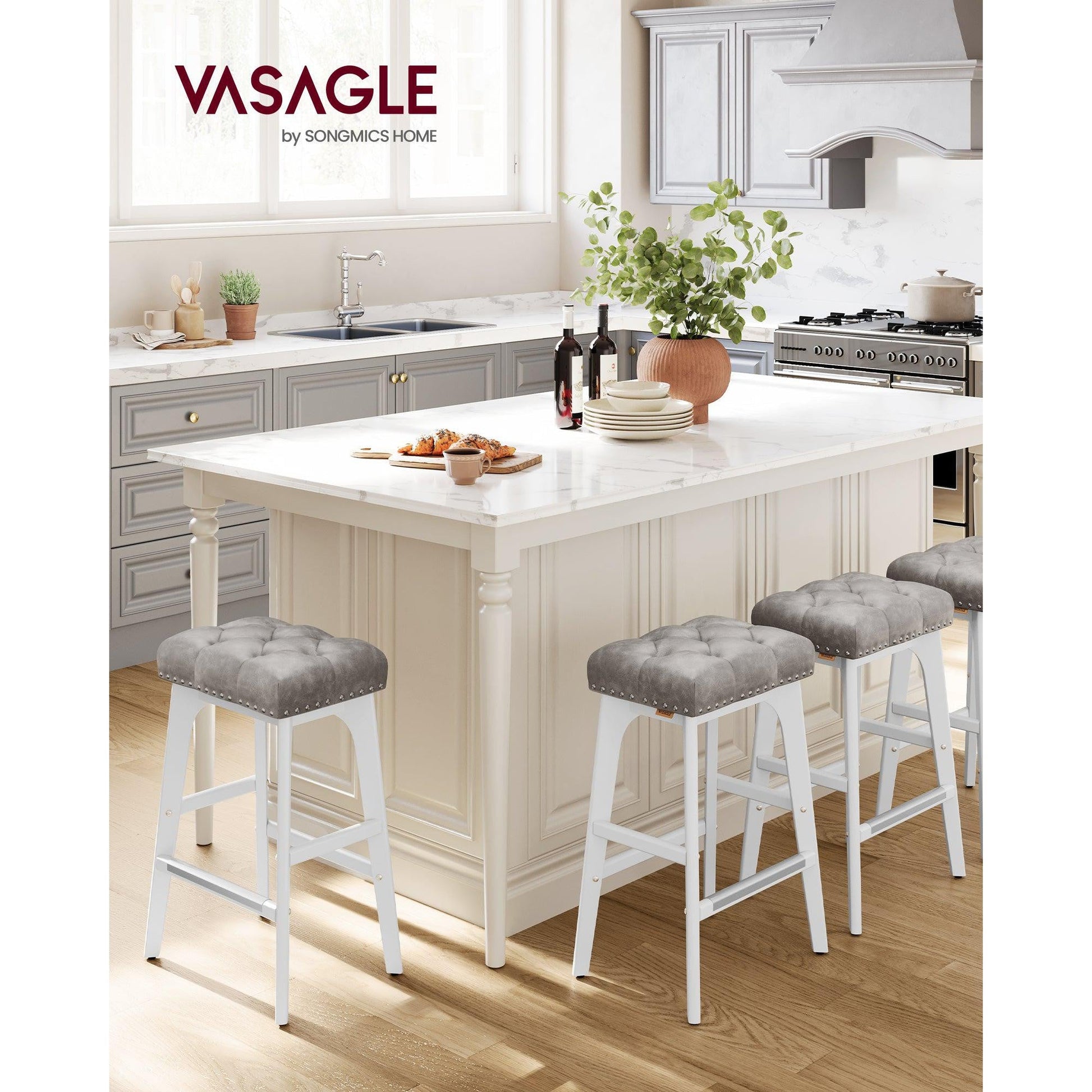 Set od 2 barske stolice visine 66 cm s tapeciranim sjedalom, sivo-bijele | VASAGLE-vitahome.hr