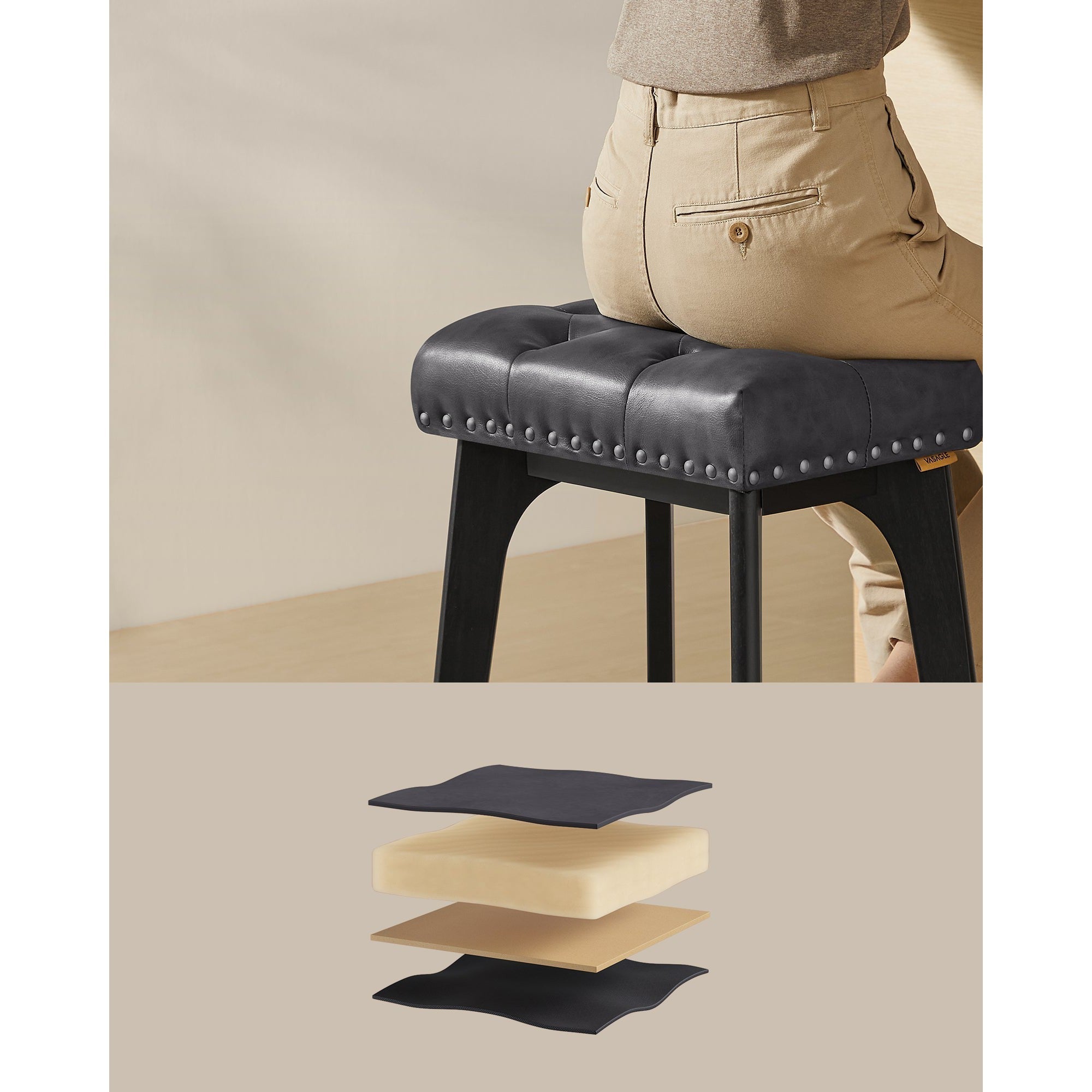 Set od 2 barske stolice visine 66 cm, umjetna koža, puno drvo, crne | VASAGLE-vitahome.hr