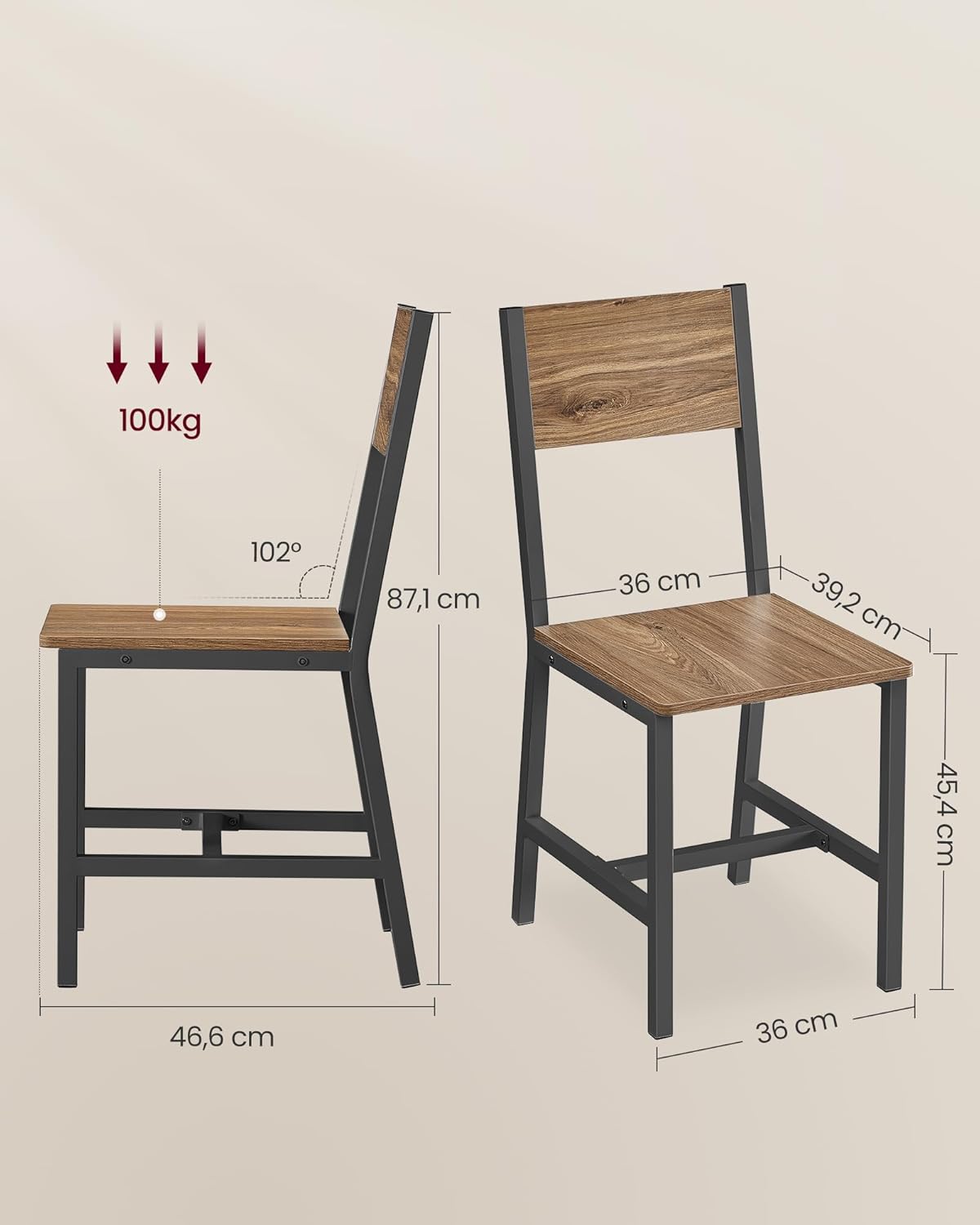 Set od 2 blagovaonske stolice, nosivosti do 100 kg, smeđe-crne | VASAGLE