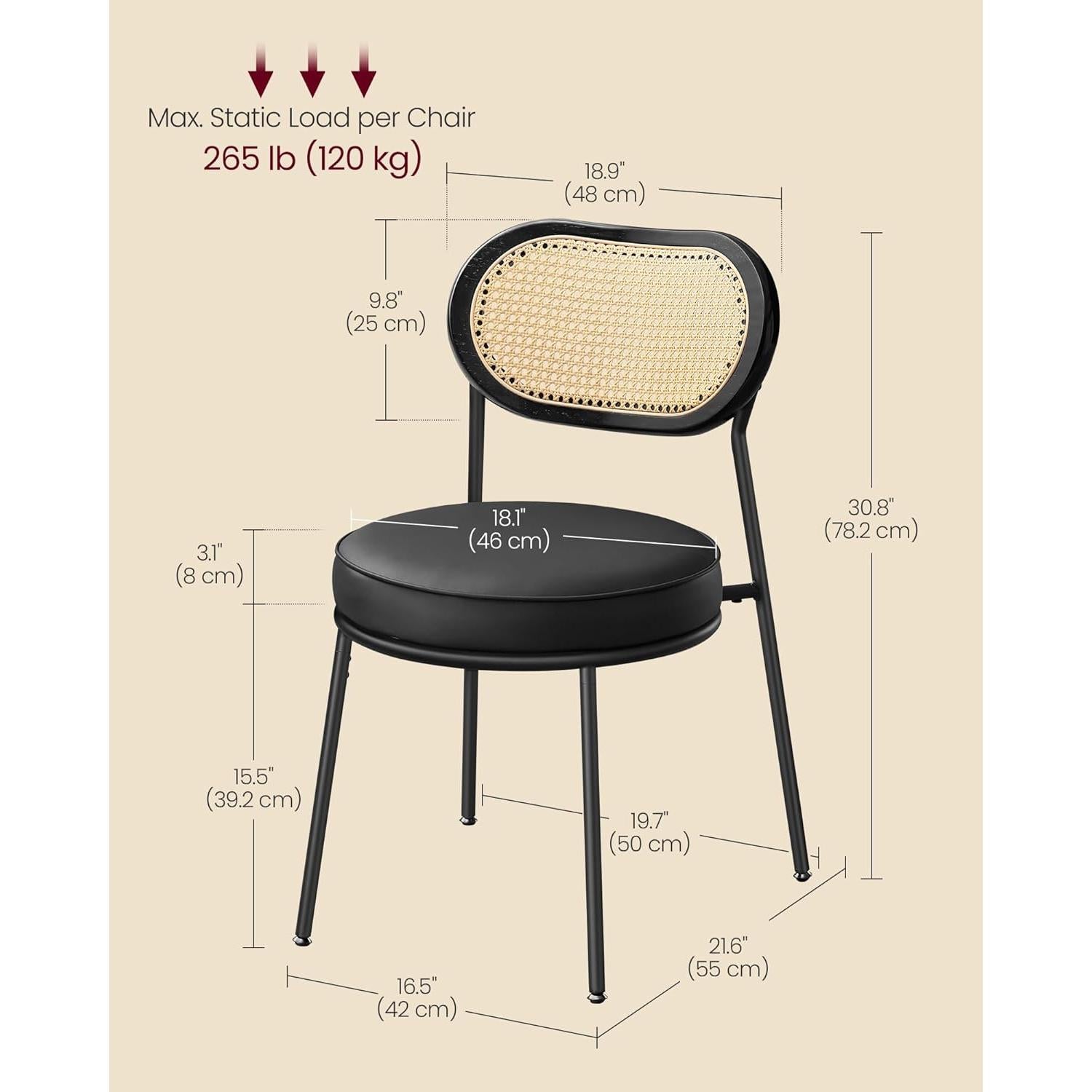 Set od 2 blagovaonske stolice s boho naslonom od PE ratana, crne i bež boje | VASAGLE-vitahome.hr