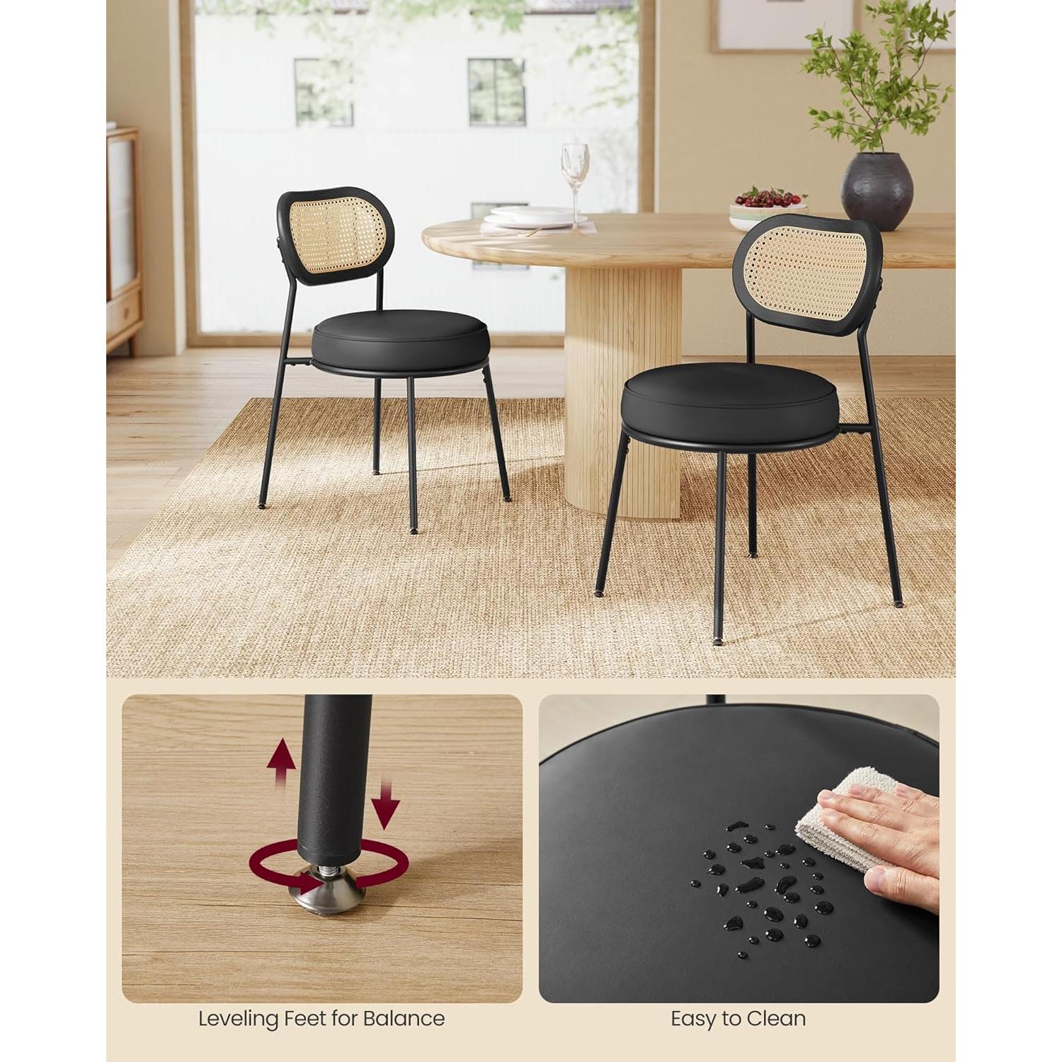 Set od 2 blagovaonske stolice s boho naslonom od PE ratana, crne i bež boje | VASAGLE-vitahome.hr