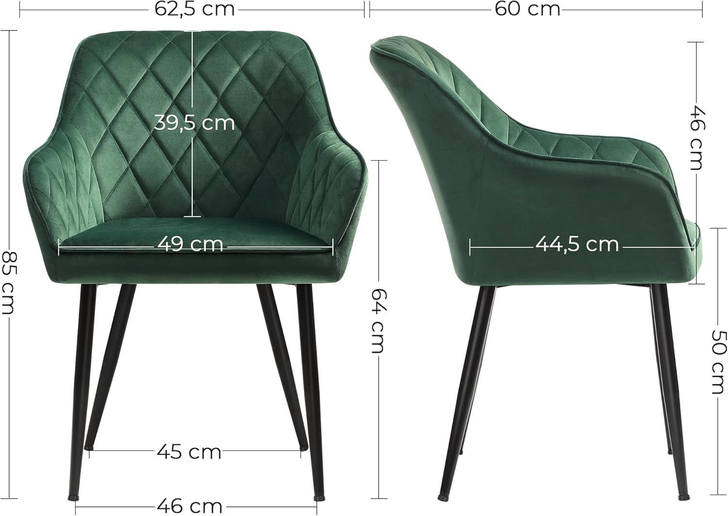 Set od 2 blagovaonske stolice s naslonima, nosivosti do 110kg, zelene-SONGMICS-Vita Home