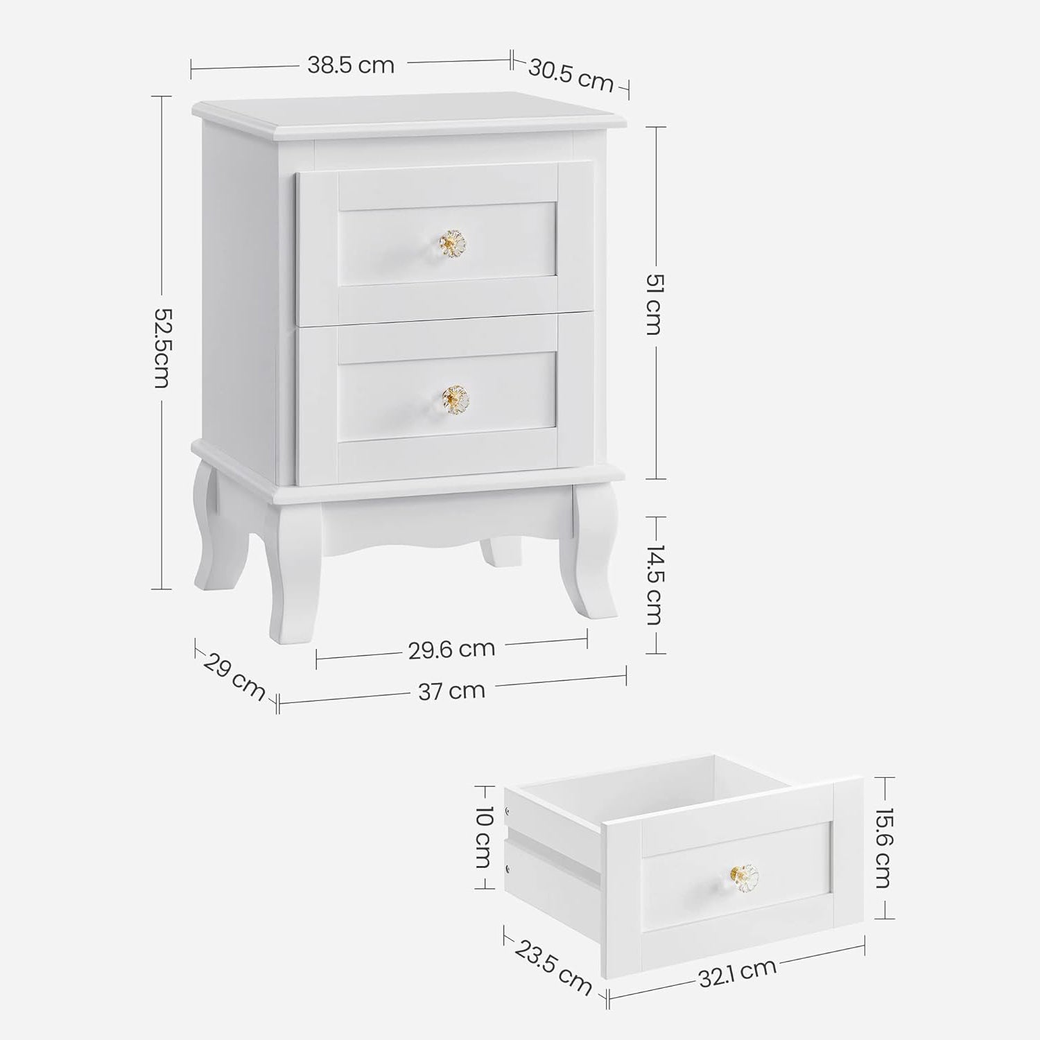 Set od 2 drvena noćna ormarića, 38,5 x 52,5 x 30,5 cm, bijeli | VASAGLE-vitahome.hr