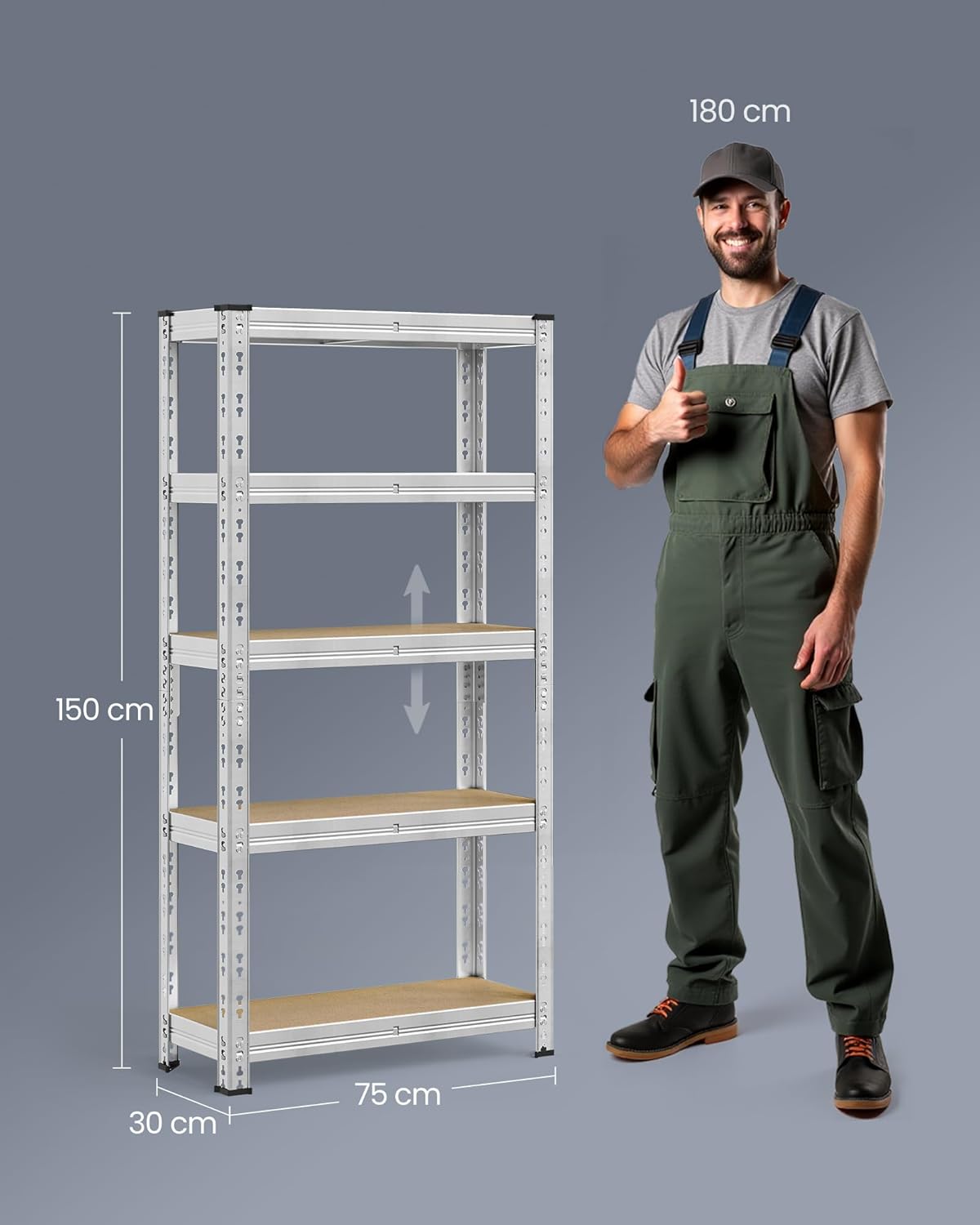 set od 2 extra snažna skladišna polica, 30x75x150 cm, srebrne boje