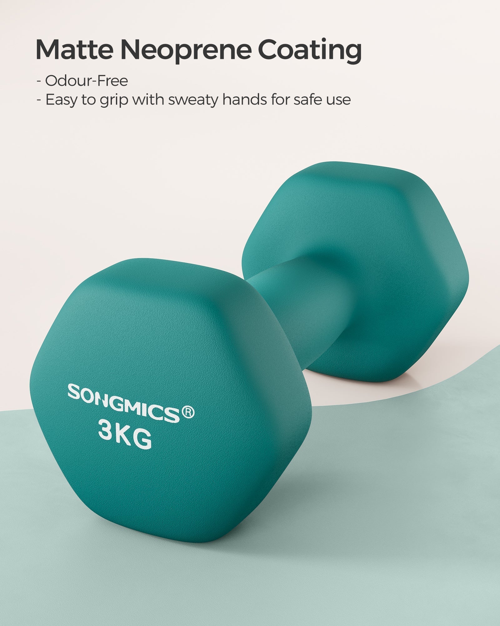 Set od 2 neoprenske šesterokutne bučice, 2 x 3 kg, plavozelena