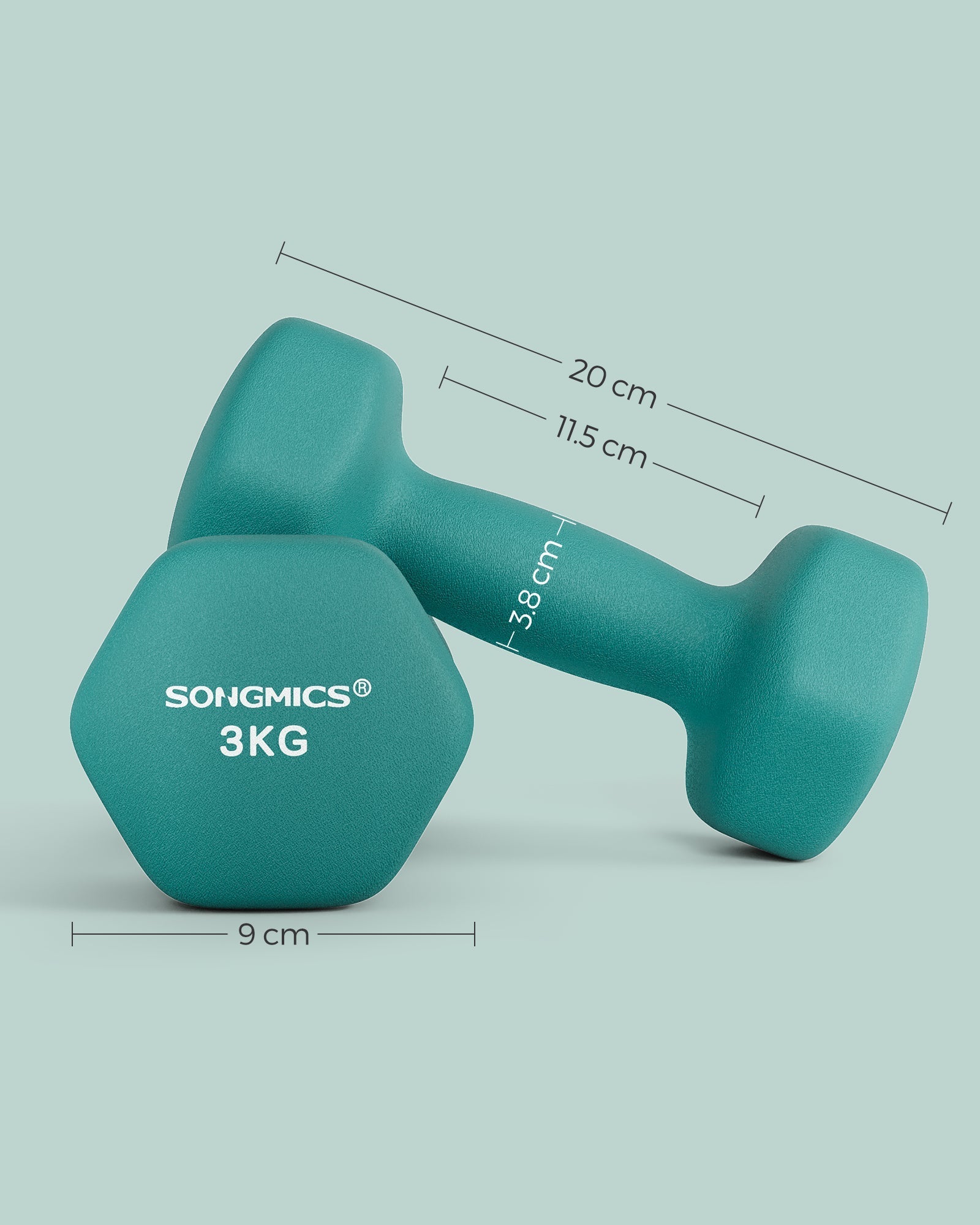 Set od 2 neoprenske šesterokutne bučice, 2 x 3 kg, plavozelena