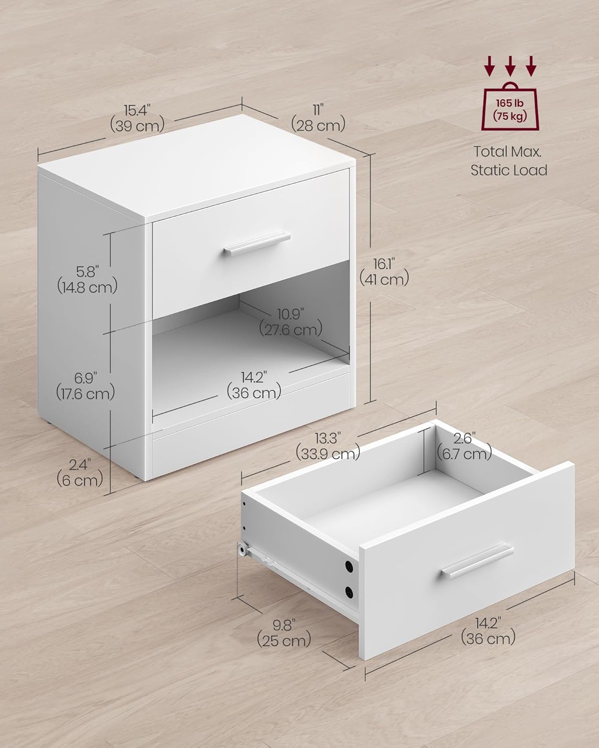 Set od 2 noćna ormarića s ladicom i otvorenim pretincem, 28 x 39 x 41 cm, bijeli | VASAGLE-vitahome.hr