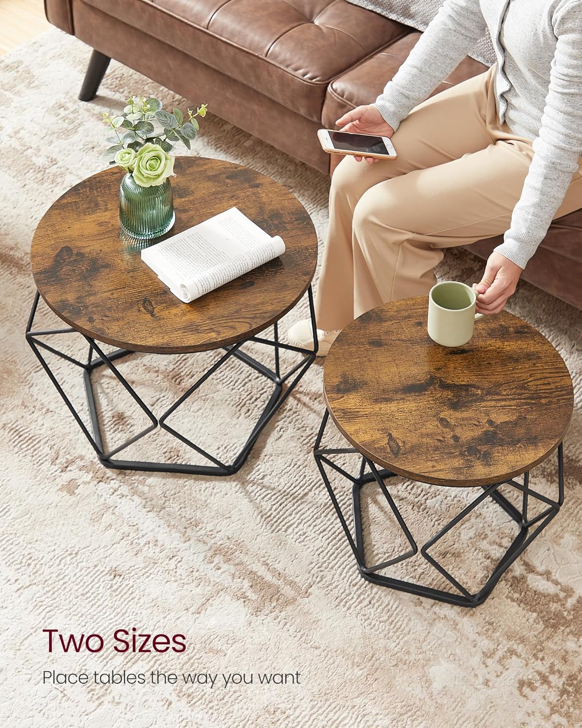 Set od 2 stolića za kavu, metal i iverica, rustikalno smeđa i crna boja | VASAGLE-VASAGLE-Vita Home