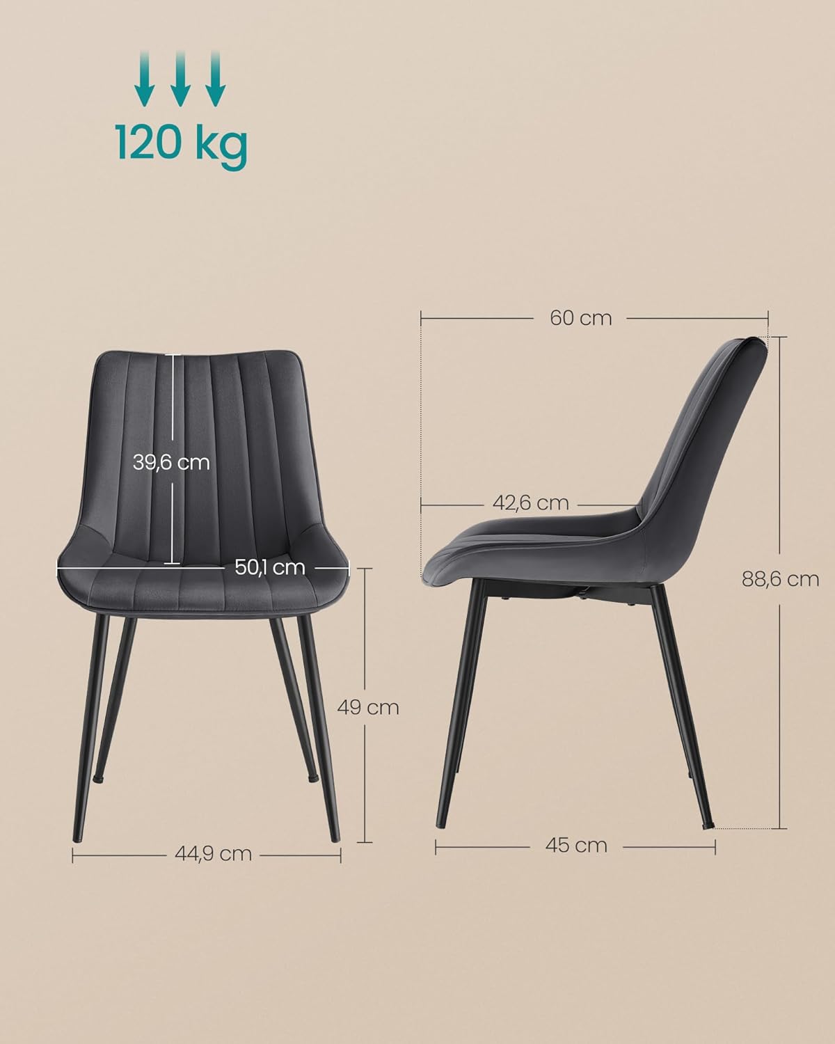 Set od 2 stolice za blagovaonicu nosivosti 120 kg, sive i crne boje-SONGMICS-Vita Home