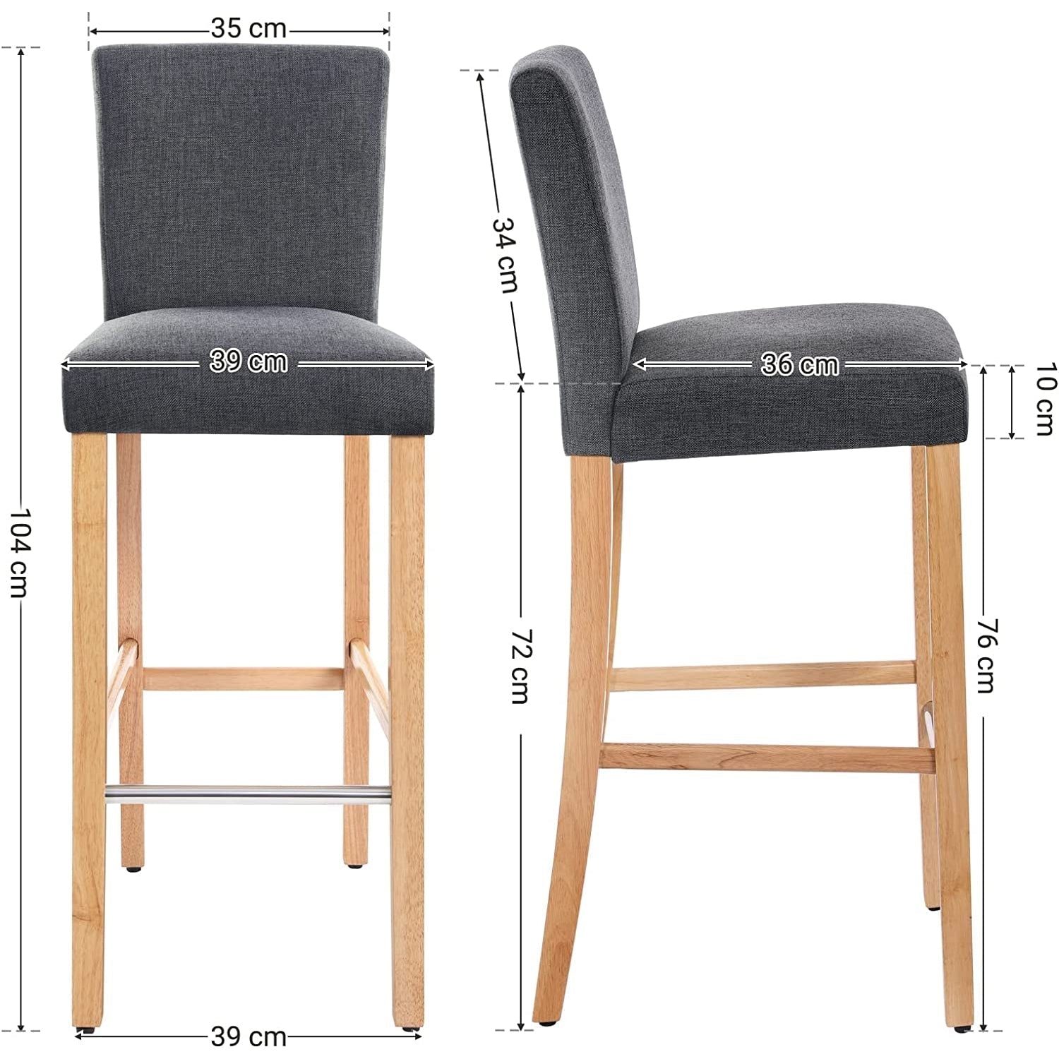 Set od 2 tapecirane barske stolice s naslonom, tamno sive | SONGMICS-vitahome.hr