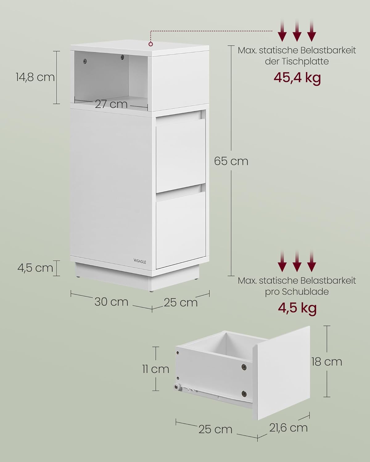 Set od 2 uska noćna ormarića s 2 ladice, 30 x 25 x 65 cm, bijele boje-VASAGLE-Vita Home