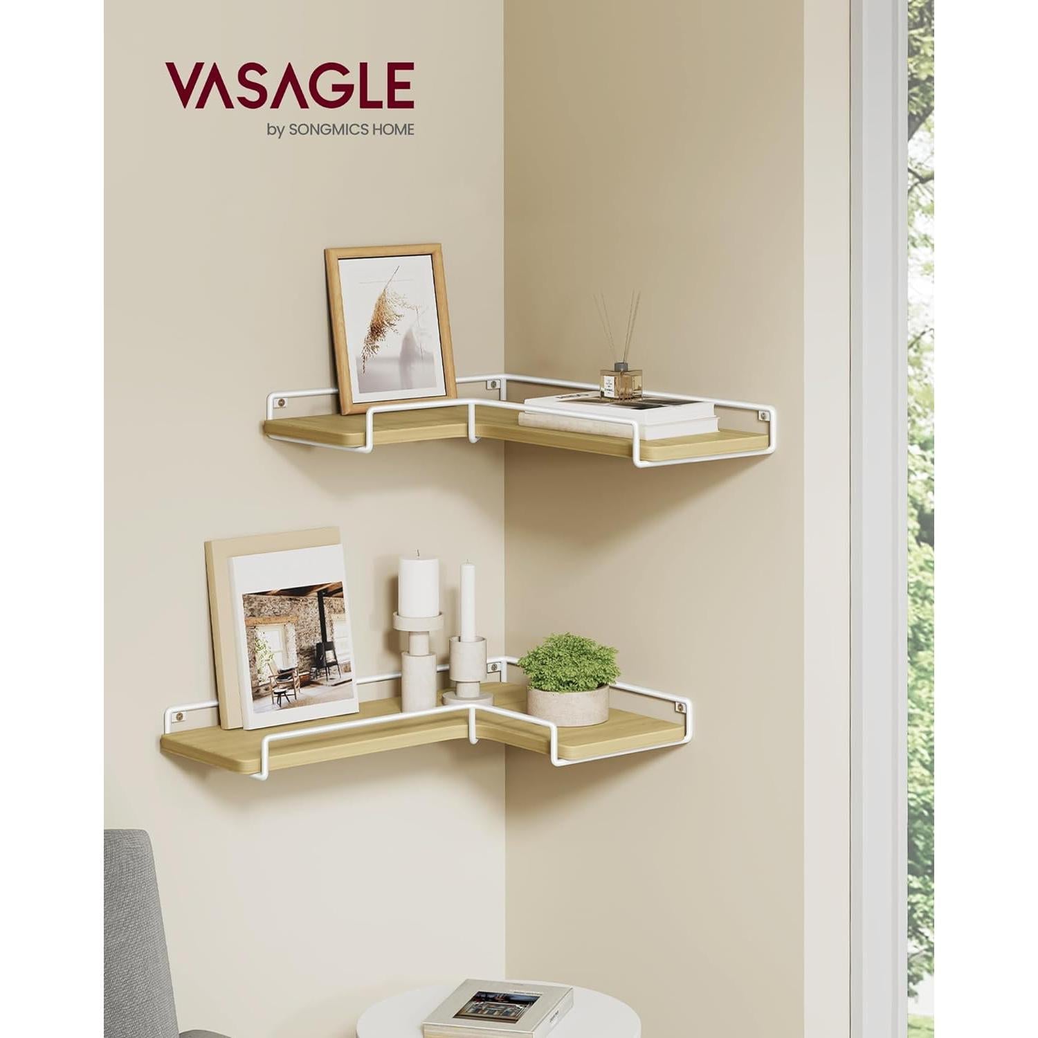 Set od 2 zidne, kutne police, 28,96 x 39,88 x 1,27 cm, boja hrasta i bijela | VASAGLE-vitahome.hr