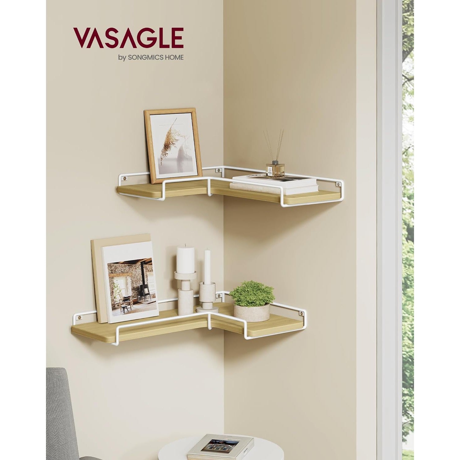 Set od 2 zidne, kutne police, 28,96 x 39,88 x 1,27 cm, boja hrasta i bijela | VASAGLE-vitahome.hr