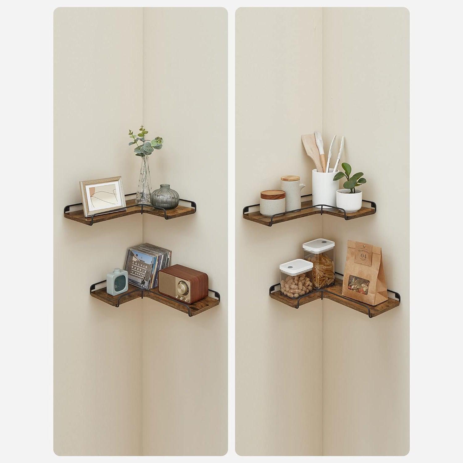 Set od 2 zidne kutne police, 40 x 29 x 14 cm, vintage smeđa i crna boja | VASAGLE-vitahome.hr