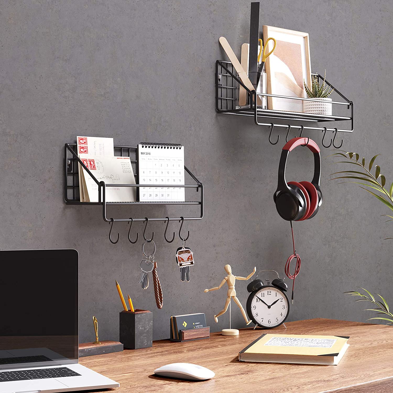 Set od 2 zidne, metalne police u industrijskom dizajnu s kukicama, crne | SONGMICS-vitahome.hr