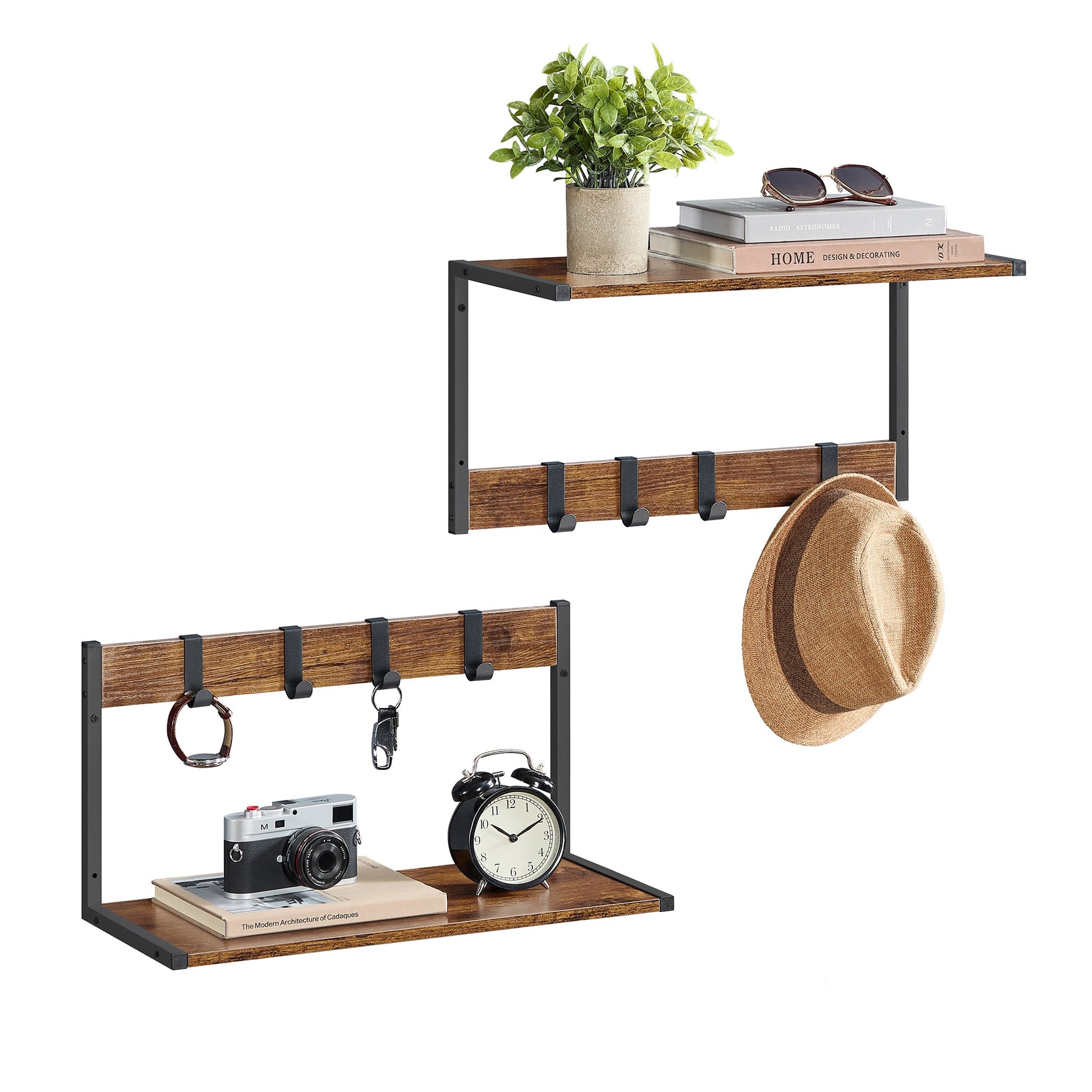 Set od 2 zidne police s ukonjivim kukicama, rustikalno smeđe boje-VASAGLE-Vita Home