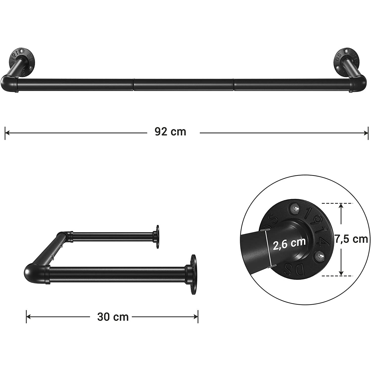 Set od 2 zidne šipke nosivosti do 60kg, od čelika, crne boje | SONGMICS-vitahome.hr