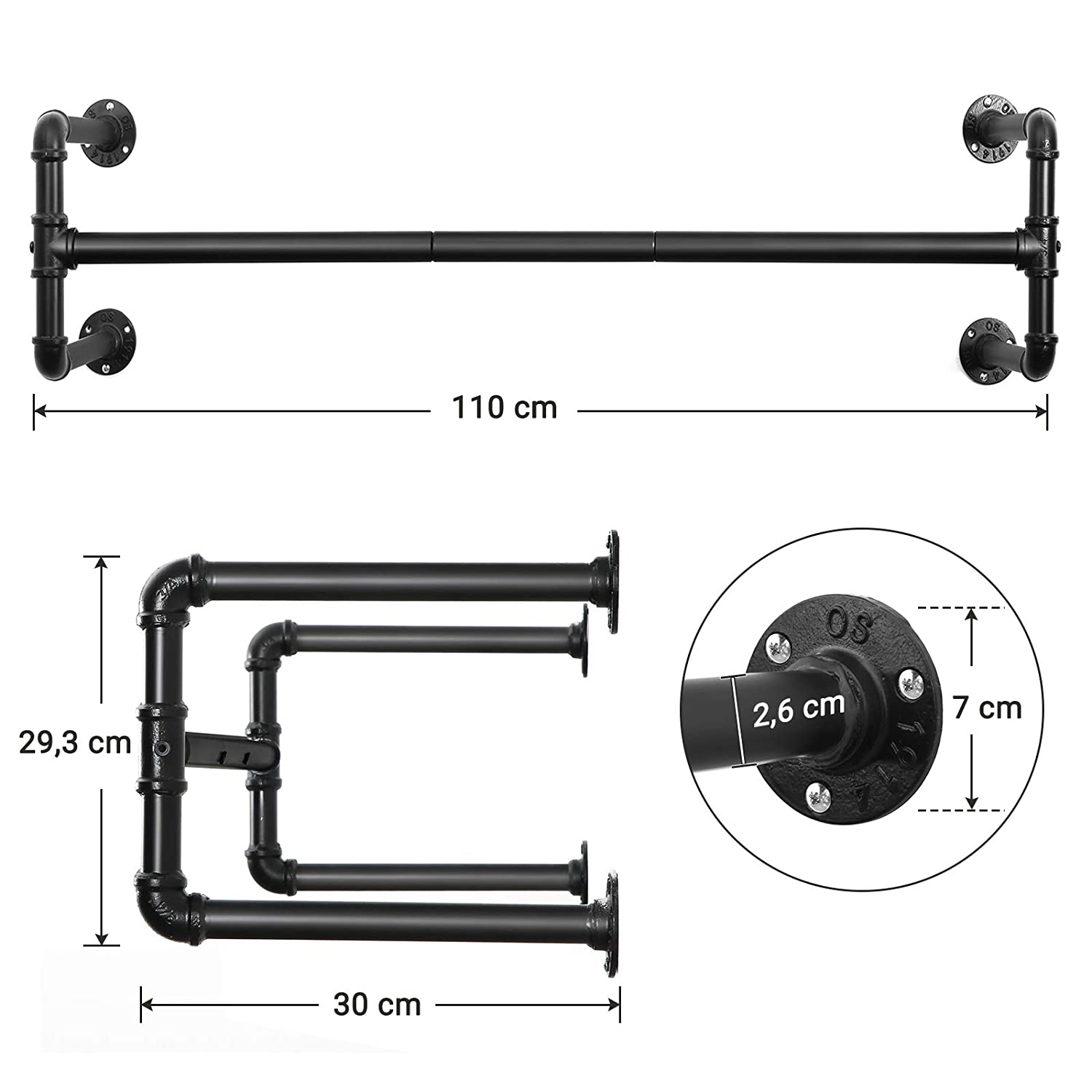 Set od 2 zidne vješalice, 110 x 30 x 29,3 cm, od čelika, crne boje | SONGMICS-vitahome.hr