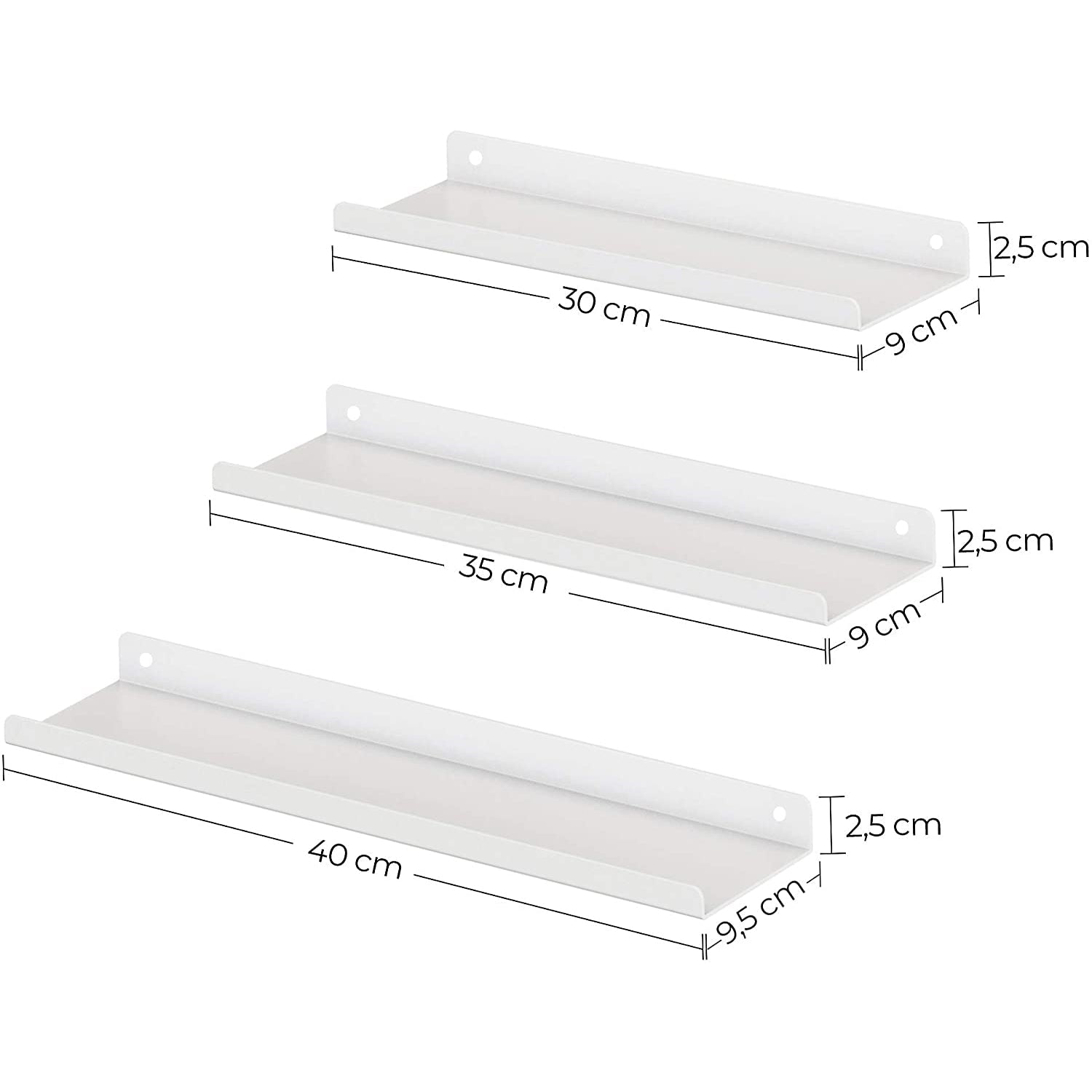 Set od 3 metalne zidne police 30/35/40 x 2,5 x 9,5cm , bijele | SONGMICS-vitahome.hr