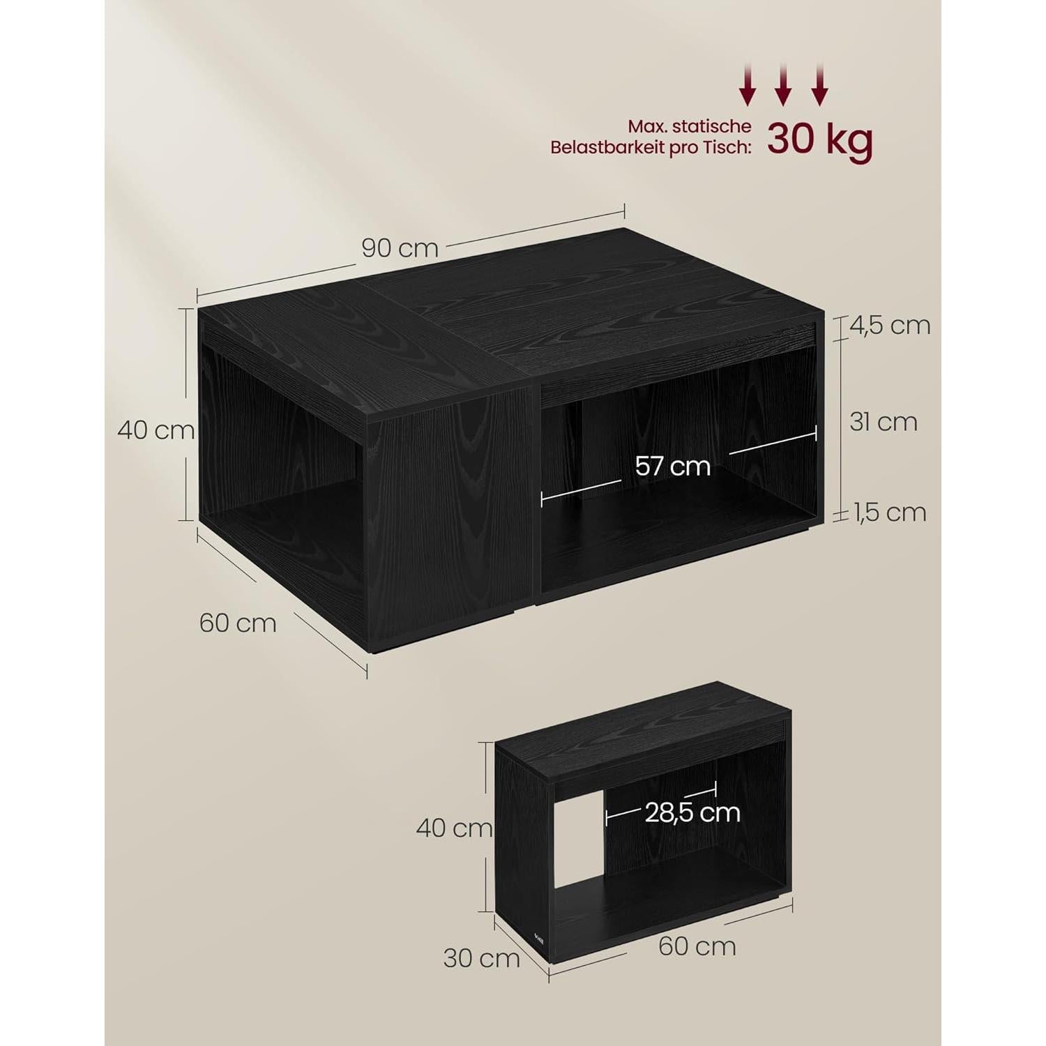 Set od 3 stolića za kavu, mali stolići, 30 x 60 x 40 cm, crni | VASAGLE-vitahome.hr